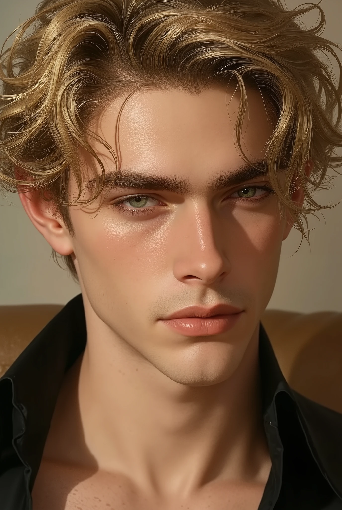 ((best quality)), ((masterpiece)), (detailed), A highly detailed portrait of a handsome young man with a blend of features inspired by two references. He has blonde, curly hair that falls naturally, catching the light with a soft shine that enhances his youthful yet refined look.. His body is toned and athletic, like a professional sportsman, with visible abs and a broad chest, giving him an athletic yet elegant appearance. His skin has a natural, slightly freckled texture, adding character to his appearance. His eyes are striking green, like in the first reference, adding a mesmerizing and intense look. The background is softly blurred, keeping the focus on his distinct features and giving the scene a warm, natural glow.. ticks a mustache. men model face, with wise aura. front face. close up pic