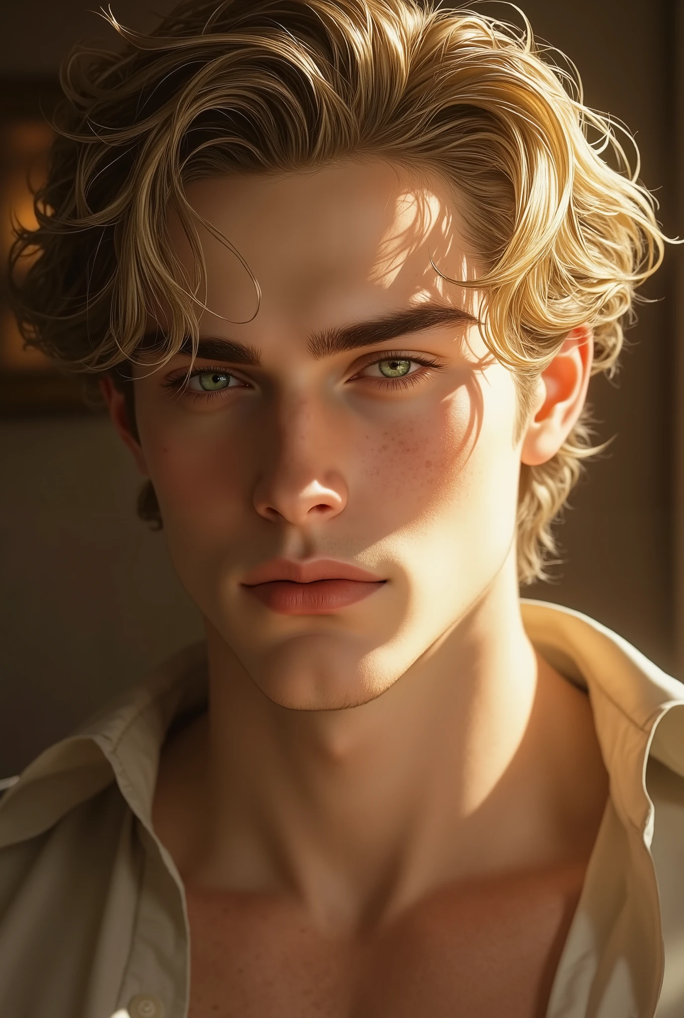 ((best quality)), ((masterpiece)), (detailed), A highly detailed portrait of a handsome young man with a blend of features inspired by two references. He has blonde, curly hair that falls naturally, catching the light with a soft shine that enhances his youthful yet refined look.. His body is toned and athletic, like a professional sportsman, with visible abs and a broad chest, giving him an athletic yet elegant appearance. His skin has a natural, slightly freckled texture, adding character to his appearance. His eyes are striking green, like in the first reference, adding a mesmerizing and intense look. The background is softly blurred, keeping the focus on his distinct features and giving the scene a warm, natural glow.. ticks a mustache. men model face, with wise aura. front face. close up pic