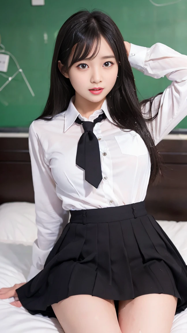 , School girl, white and black uniform, white and black skirt, black lace choker, white lace thigh highs, looking at viewer, class room background, sitting on desk, seductive, dark eyeliner, sexy eyeliner,