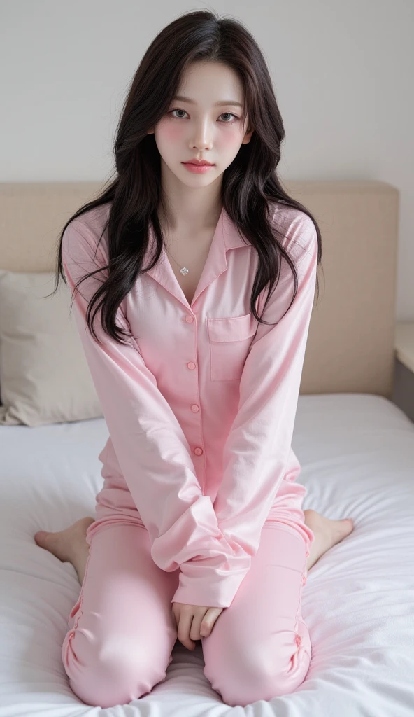 arafed woman in pink pajamas sitting on a bed, pink, with soft pink colors, pastel pink, pink clothes, pink pastel, peach, sleepwear, some pink, ((pink)), pink hue, light pink, silky, silk, wearing pajamas, smooth pink skin, pink shirt, colour, satin, pastel pink skin tone