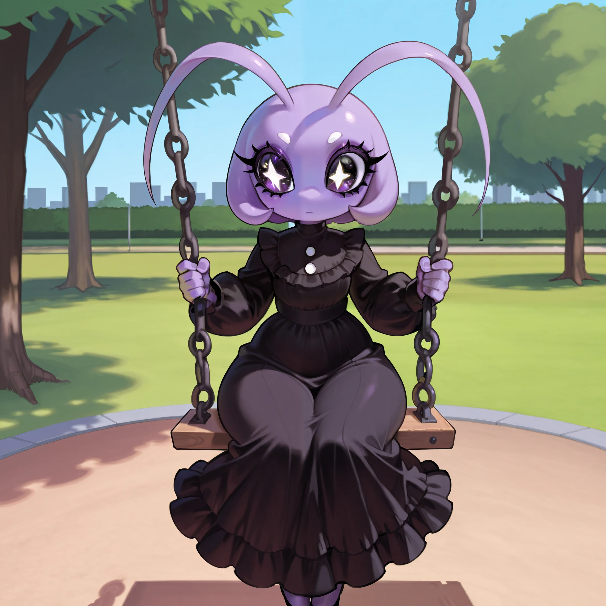 Alien, one white eye, one black eye. Thick lashes, one antenna, purple skin, curvy, park, sitting on swing, star eyes, cute, solo, frilly dress, black dress.