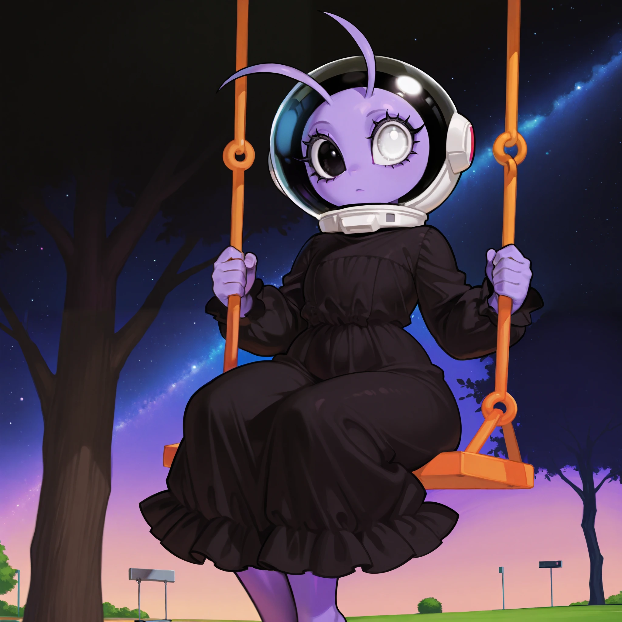 Alien, one white eye, one black eye. Thick lashes, one antenna, purple skin, curvy, park, sitting on swing, space helmet, cute, solo, frilly dress, black dress.