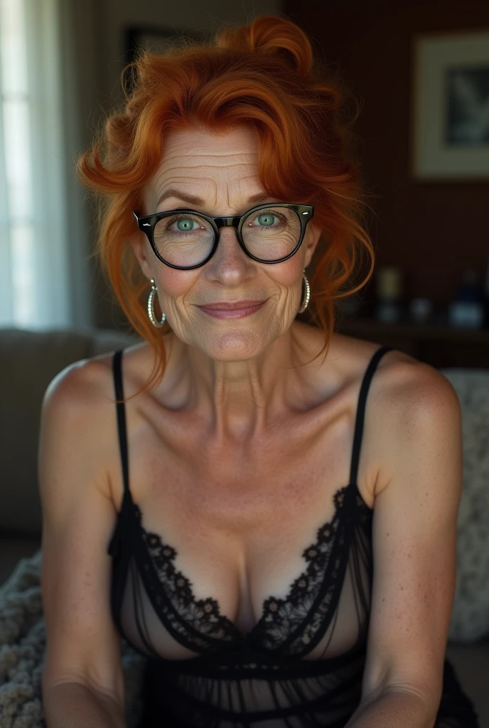 60 year old blue hair white woman, Scottish Irish, laying on a bed with her head on a pillow, overweight fat, extremely pale white skin, blue eyes, camera man having a above view of her face, looking at the camera with a orgasmic look, blue choker, blue night gown lingerie , blue glasses, eyes crossed, mouth slightly opened, legs up, showing vagina