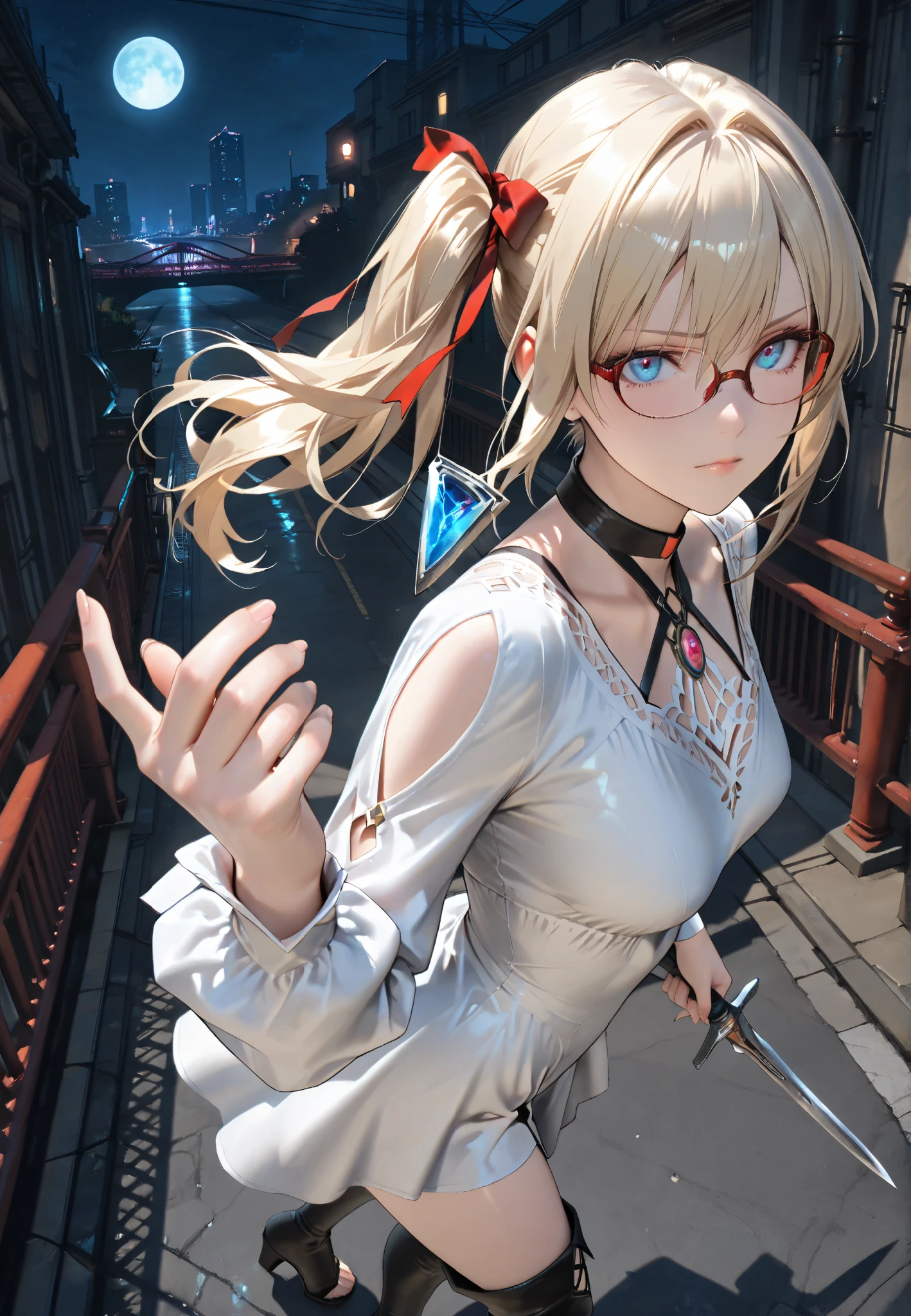 Looks about 20,(beautiful girl: 1.3),Highest quality,8k,Highly detailed CG unit wallpaper,masterpiece:1.2,top-quality,Ultra-high resolution,RAW Photos,real texture skin, photorealistic, Cinema Lighting,Huge buildings,metropolis,Big, round, beautifully shaped butt,),(Perfect hands, Perfect Anatomy), BREAK, (Medium Small breasts), Perfect Face, Symmetrical face, (glossy skin:1.6), beautiful shiny lips, solo, breack, ((Beautifully hand-drawn)), ((light Blonde)), ((white dress, long sleeves, thigh boots, toeless footwear)), ((Swaying side ponytail)), short wavy hair, hair ribbon, ((Blue Eyes)), Glowing_eye, (((eyes open))), closed mouth, (((({red slim glasses})))), BREAK, (Holding a weapon in hand, gripping silver Simple blade knife,), ((from above)), midnight sky, BREAK, bayside, Alley, (((huge red bridge))), fullmoon, black choker, ((eye focus)),