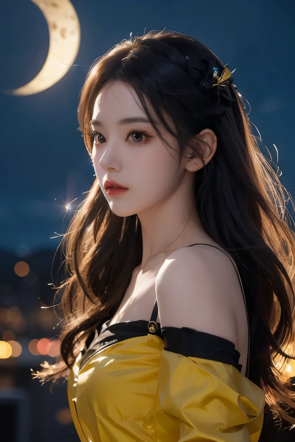Make a closeup picture of gorgeous Princess Belle dressed as a ninja in black and yellow, super crisp high fidelity, night time