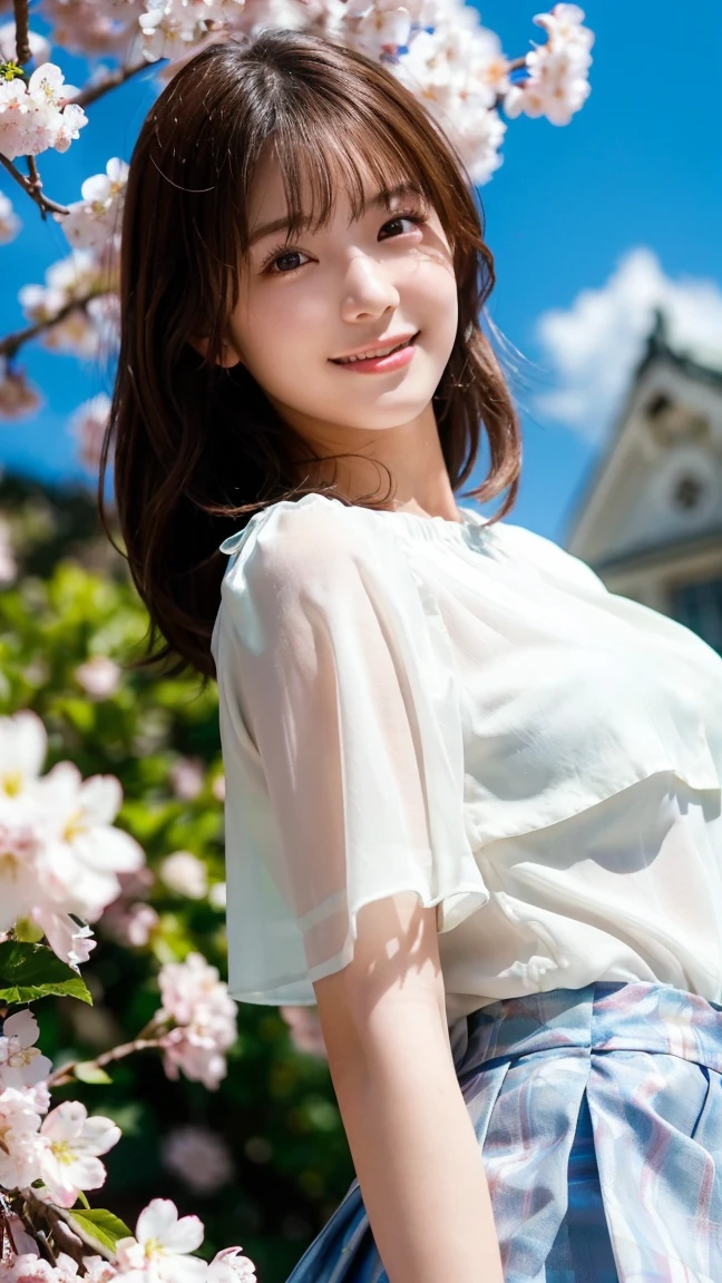 (highest quality,masterpiece:1.3,ultra high resolution),(Super detailed,caustics,8k),(photorealistic:1.4,RAW shooting),1 girl,Are standing,(smile),(looking down at the camera),20-year-old,cute,Japanese,natural brown middle hair,(white blouse),lime green flared skirt,glamorous,(big ),(breast focus),grass,cherry blossoms,blue sky,sun,Natural light,(Lens flare),professional writing,(shot from the waist up),(Tilt composition:1.3),(low position:1.4),(Low - Angle:1.4)