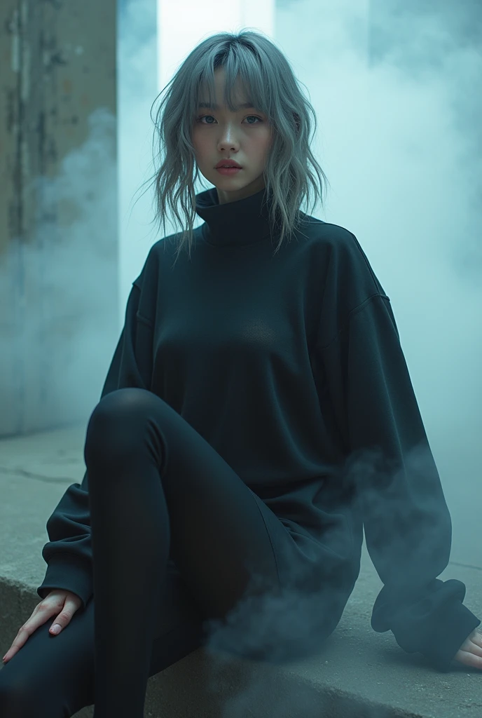 (nsfw:1.3), masterpiece, Best Quality, hyper Realistic, A mysterious and sophisticated beautiful young gravure Japanese woman with blue eyes wears futuristic and sexy fashion art.  standing back shot, focus ass, from below, Detailed clothing, woman is climbing at a wide angle, with her full body in frame. large Butt, sexy large breasts, slim waist, Her outfit includes see-through BLACK micro under wear with see-through BLACK over sized sweat, adding a minimalist beauty. She accessorizes with futuristic accessories and wears technical sneakers. Her demeanor exudes harmony and striking simplicity, The wear hugs her body tightly, accentuating her curves and digging sensuously into her skin, hyper small head and face, wide and big Duck mouth, half open mouth, perfectly aligned teeth, perfect beautiful wide teeth, Detailed eyes, light blue eyes, half open eyes, shiny Droopy eyes, gray hair, looking other, She is situated within the interior of a futuristic colony, with mist drifting and steam rising from concrete