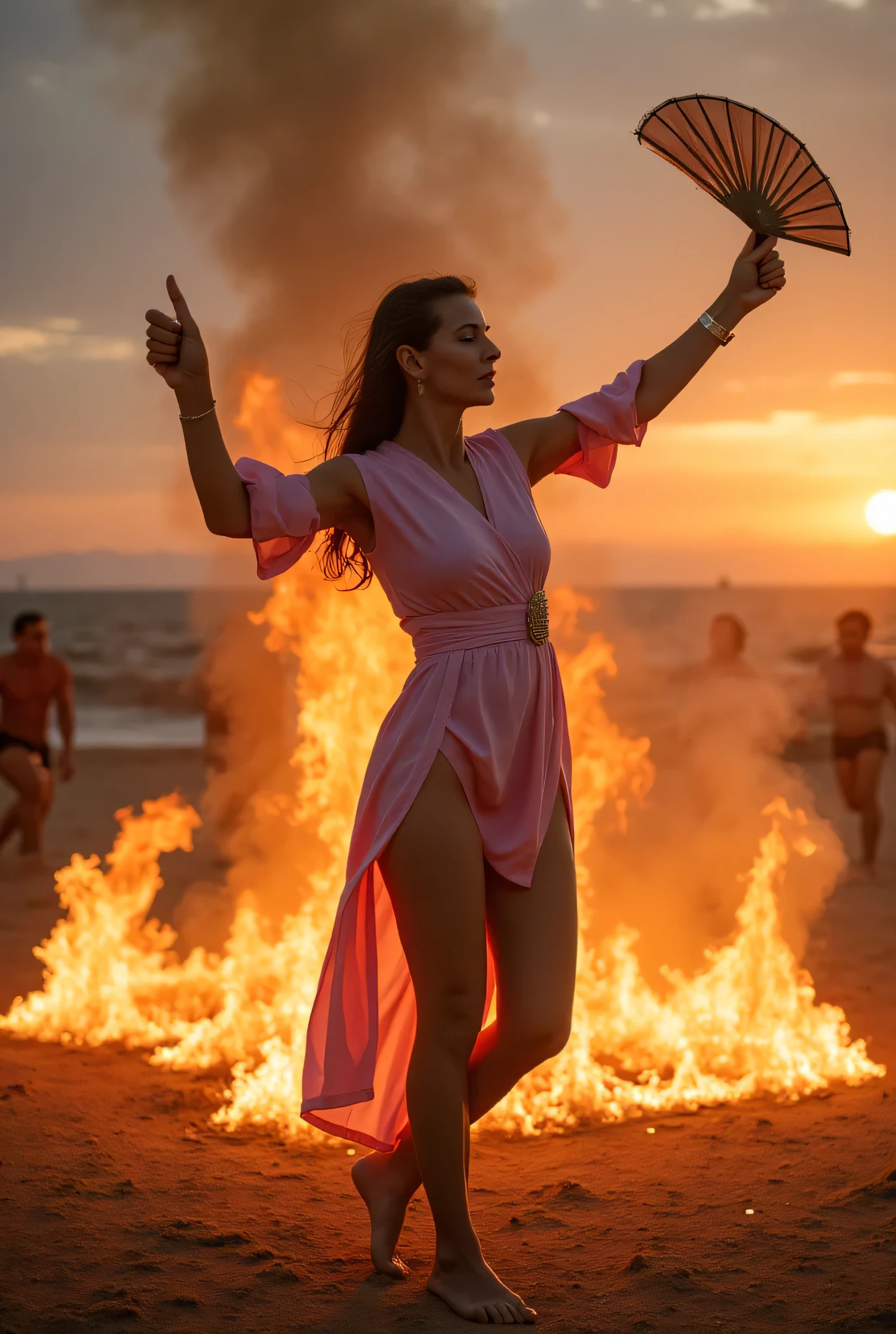 High Frequency: 1.8, Rich Detail, Masterpiece, 8K, Beautiful Priestess in Pink Shirt Standing in front of Fire, Dancing, Hands Waving Fan, Fan on Fire, Flames Surround Priestessess, Burning Battlefield Background,