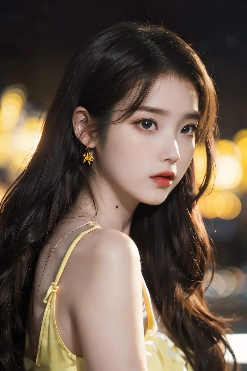 Make a closeup picture of gorgeous Princess Belle dressed as a ninja in black and yellow, super crisp high fidelity, night time