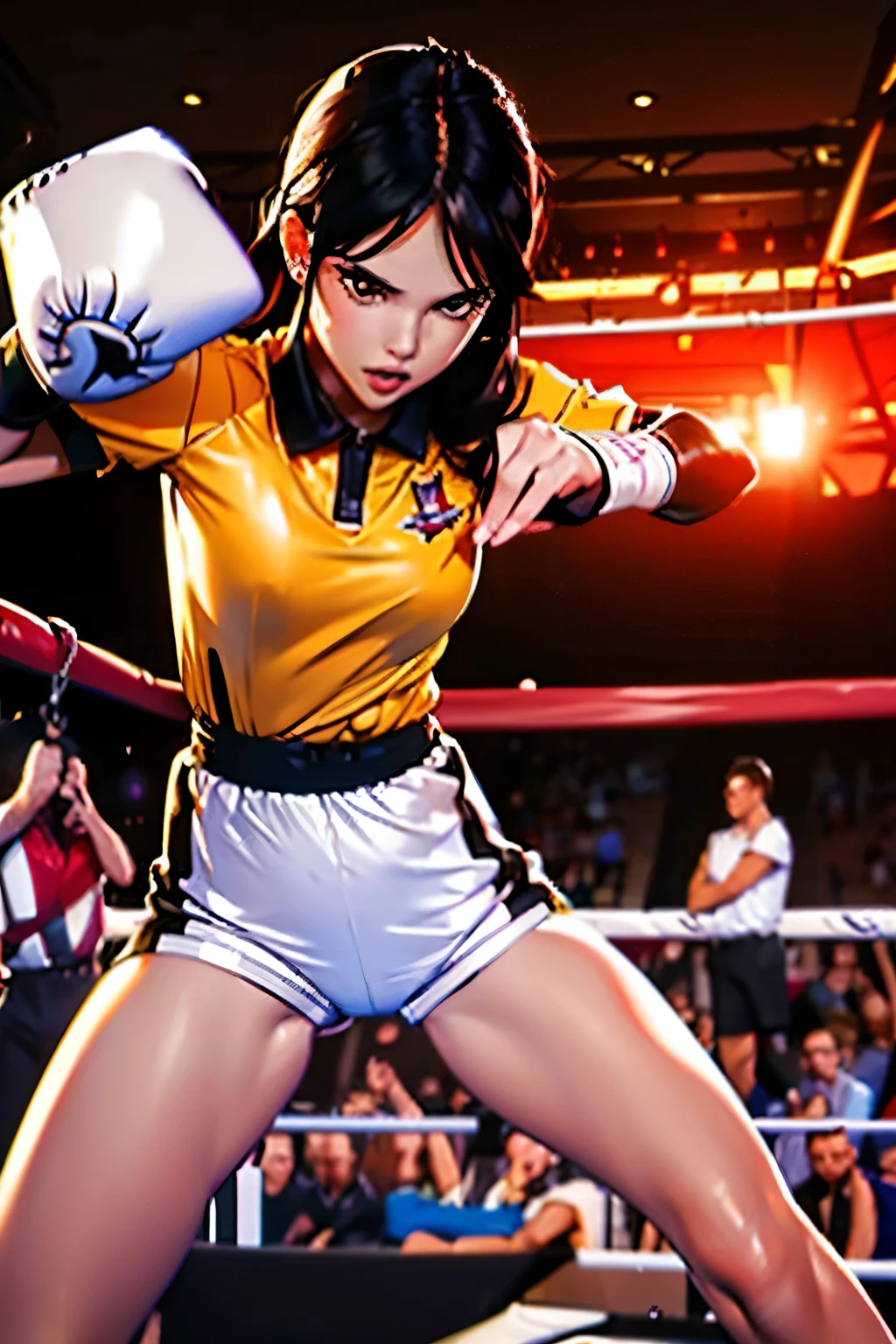 full-length photo . beautiful girl . 20 years . Romanian . Height 173 centimeters . chest size 2 . black hair . brown eyes . Wearing a training uniform . Boxing match against another woman .