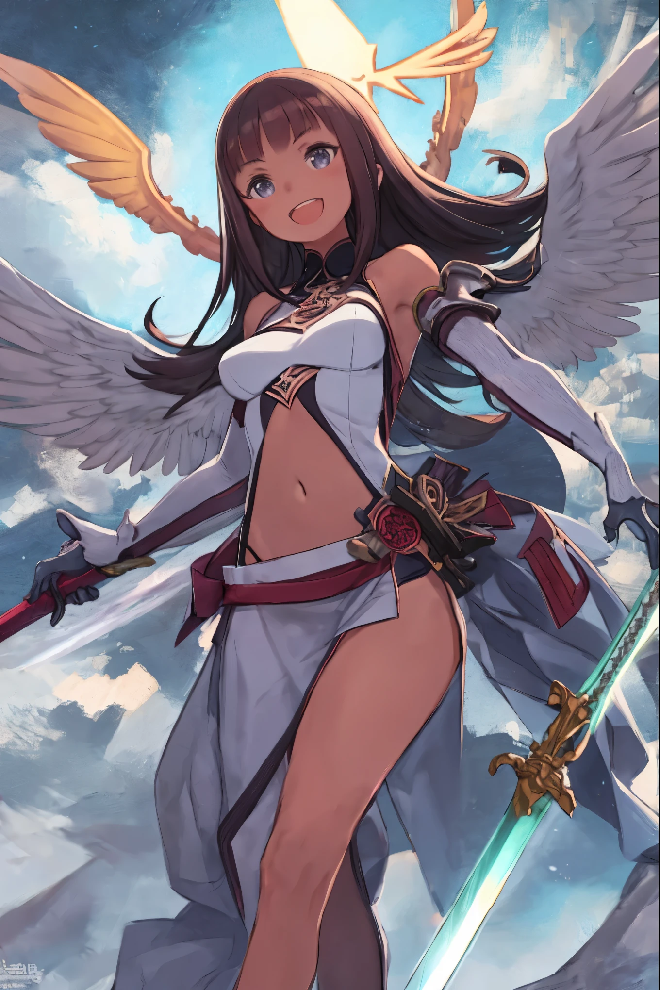 fantasy, 1angel_girl, low_teen, dark_brown_hair,long_bangs, (dark_skin)+, bare_shoulder, navel out, thighhighs,silver_shiny_armor, white_clothes,waist_armor, Glebe, hold_swords_emits_light, medium_breasts, dynamic_flying_pose,Floating, (1pair_white_wings:1.2),(pelvic_curtain:1.3), silver_Headgear ,looking_down_at_sunset_city_sky_background,,slightly_spread_legs, some_swords_emits_light,some_swords_emits_light_floating_around_the_girl,solo,glare_halo,angry,shout,open_mouth,open_legs,open_arms,rise_knee,rise_leg,rise_thigh,rise_leg,forward_leaning_posture,apart_legs,