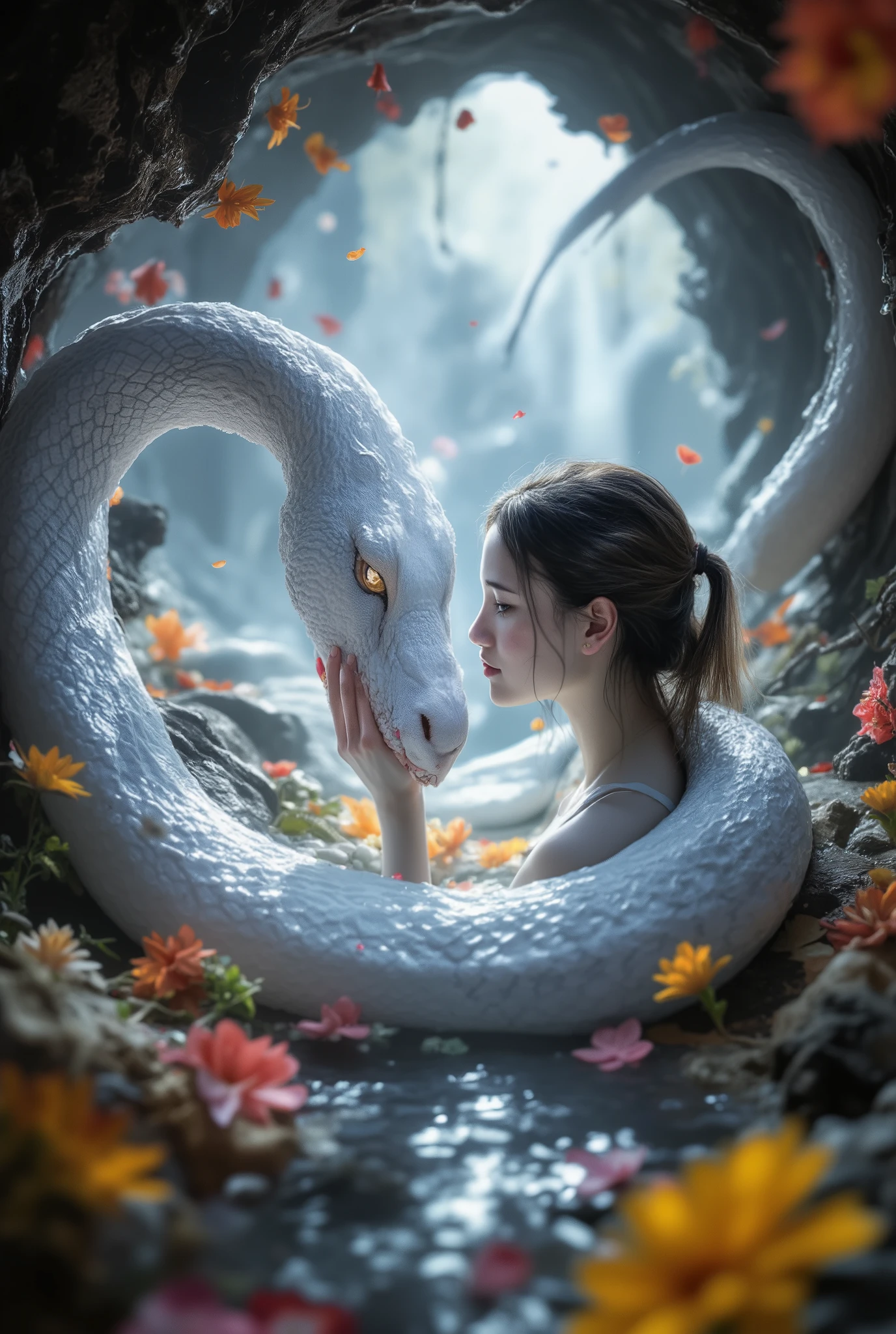 a huge white snake is beautiful and cute on the counter, the girl touches her hand to her side view looking at each other against the background of a cave with a water pond and beautiful flower petals circling around, fantasy style, very detailed , masterpiece, 16K, maximum quality , Best quality, Fine Details ,