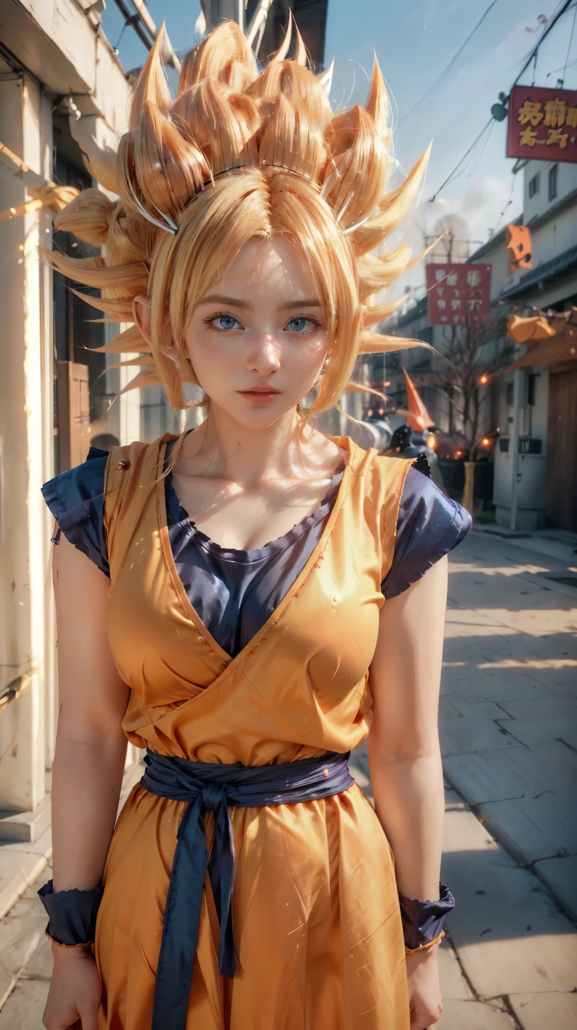 a close up of a woman in a dress with a dragon on her head, big breasts, firm breasts, thin lips, shiny lips, sexy body, russian , blue eyes, saiyan girl, female goku, anime girl in real life, anime cosplay, character dragonball, anime girl cosplay, full-cosplay, hyper realistic, realistic style, professional cosplay, human goku, photorealistic human goku, realistic cosplay, goku from dragon ball