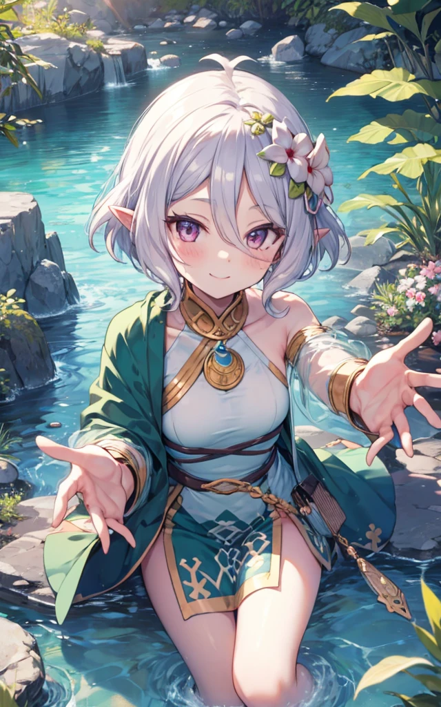 masterpiece, best quality, ultra-detailed,1girl, :d, bare shoulders, blush, breasts, detached sleeves, dress, flower, full body, green dress, hair between eyes, hair flower, hair ornament, kokkoro, long sleeves, open mouth, puffy long sleeves, puffy sleeves, see-through, see-through sleeves,short hair,, sleeveless, sleeveless dress, smile, solo, white flower.((up chest)).the setting sun.evening glow.kokkoro.Princess Connect Redive