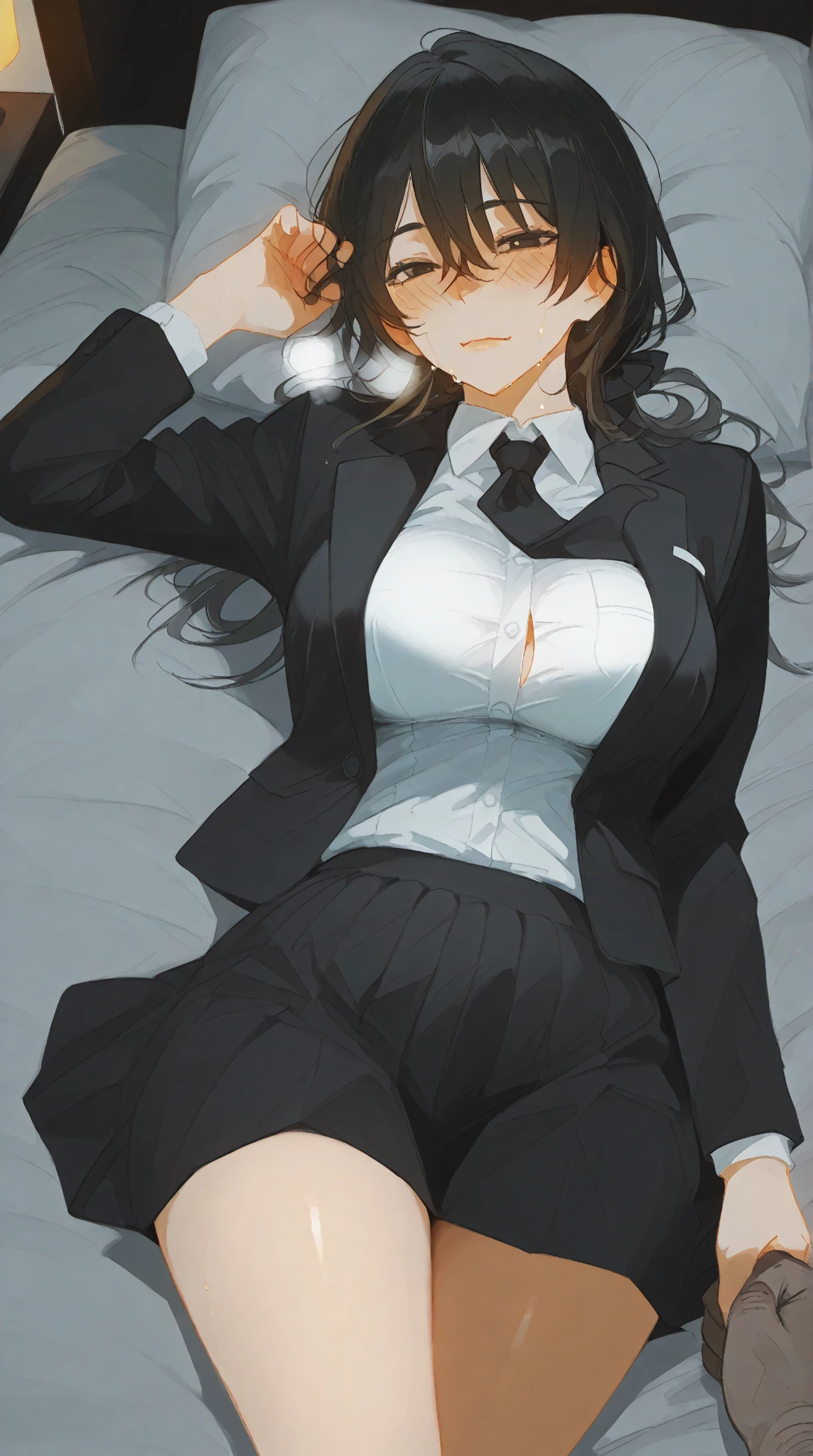 Suit,Collared shirt,Belt bag,Suspenders Black Miniskirt garterbelts knee high Stockings Black Niso Colorcon armpit sweat perspiring Side of both hands,Black jacket,Gaze,ample bosom,Armpit sweat,Exposing the armpits"Tight clothes、Raise your hands、wristbands Lying in bed Behind the back