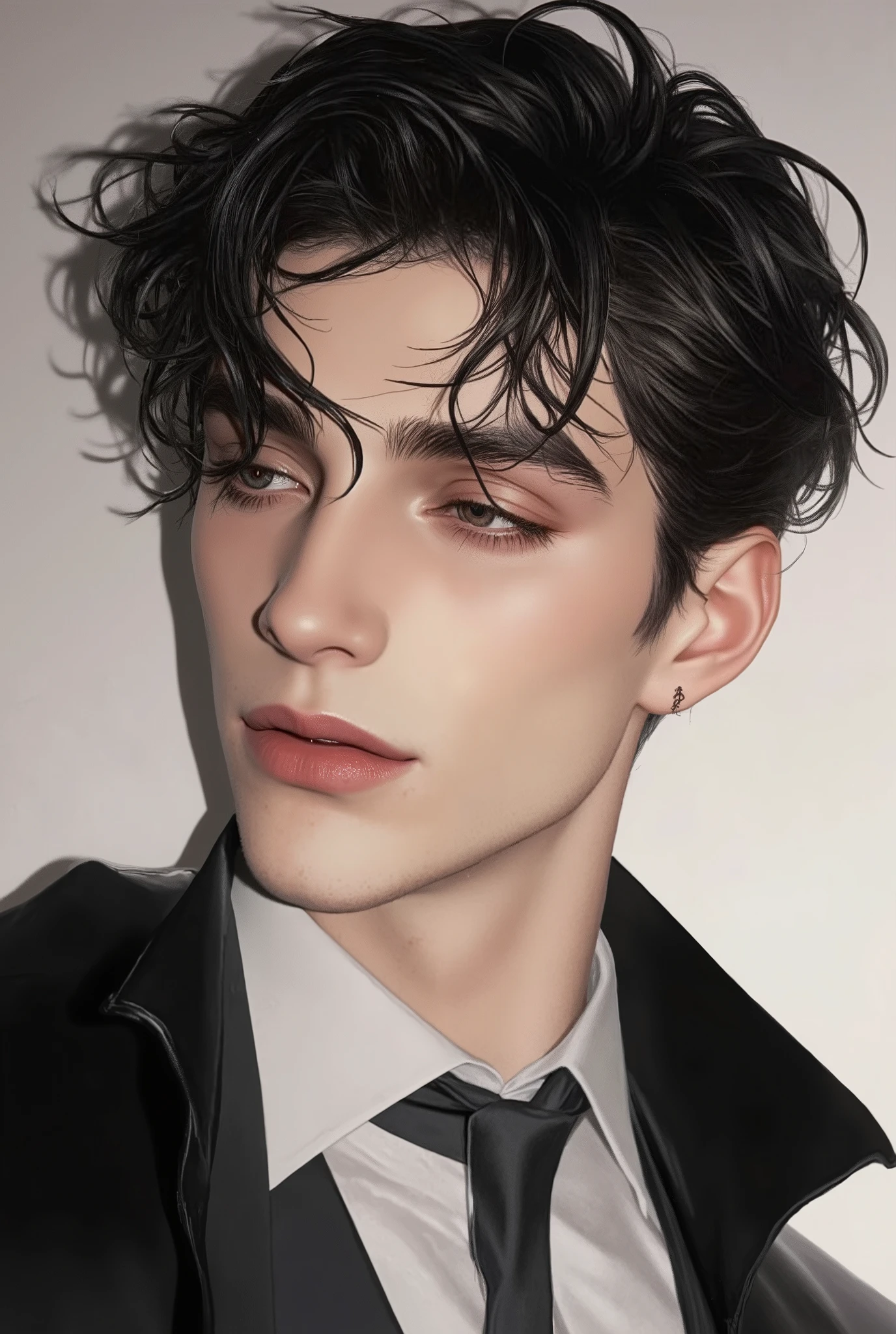 The character has a slender, angular face with refined features similar to the first image. His jawline is defined yet softened by a subtle warmth, giving him an approachable yet striking appearance. His eyes are expressive, carrying a hint of quiet confidence, with a slight upward tilt that adds a touch of mystery. His skin tone is fair with a natural glow, and there’s a gentle flush in his cheeks that gives him a healthy, youthful look. His lips are slightly full, adding a softness to his otherwise sharp facial features.
For his hair, imagine the rich curls from the second image—dark, voluminous, and with a slightly tousled, effortless look. The curls frame his face and give him a more dynamic, free-spirited vibe, adding to the charm of his refined features. The hairstyle contrasts nicely with his angular face, adding both texture and a bit of ruggedness.
For his body, picture a lean, athletic build. He’s toned but not overly muscular—think of someone who is naturally fit with a graceful, balanced physique. His shoulders are broad enough to give him a confident posture, tapering down to a narrow waist, suggesting strength and agility. His form carries a certain elegance as if he’s comfortable in both formal attire and casual, carefree settings.
