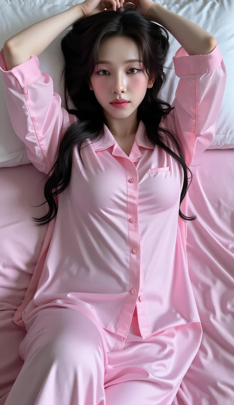 a female student , sleep on your back on the mattress with both hands raised up, using long-sleeved pajama pink satin material, Long sleeper pants up to the toe satin material pink, big and round boobs , very slim body ,