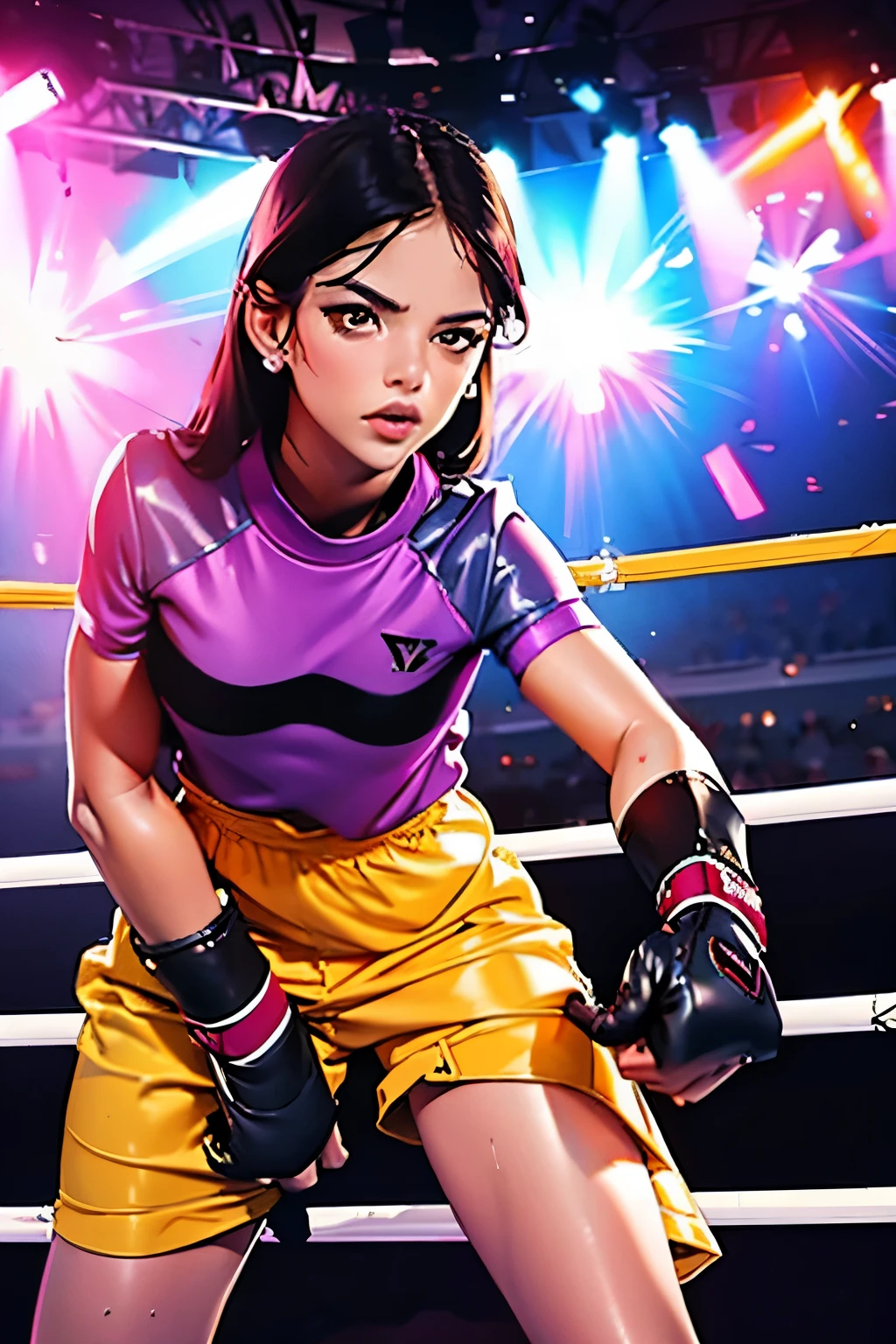 full-length photo . beautiful girl . 20 years . Romanian . Height 173 centimeters . chest size 2 . black hair . brown eyes . Wearing a training uniform . Boxing match against another woman .