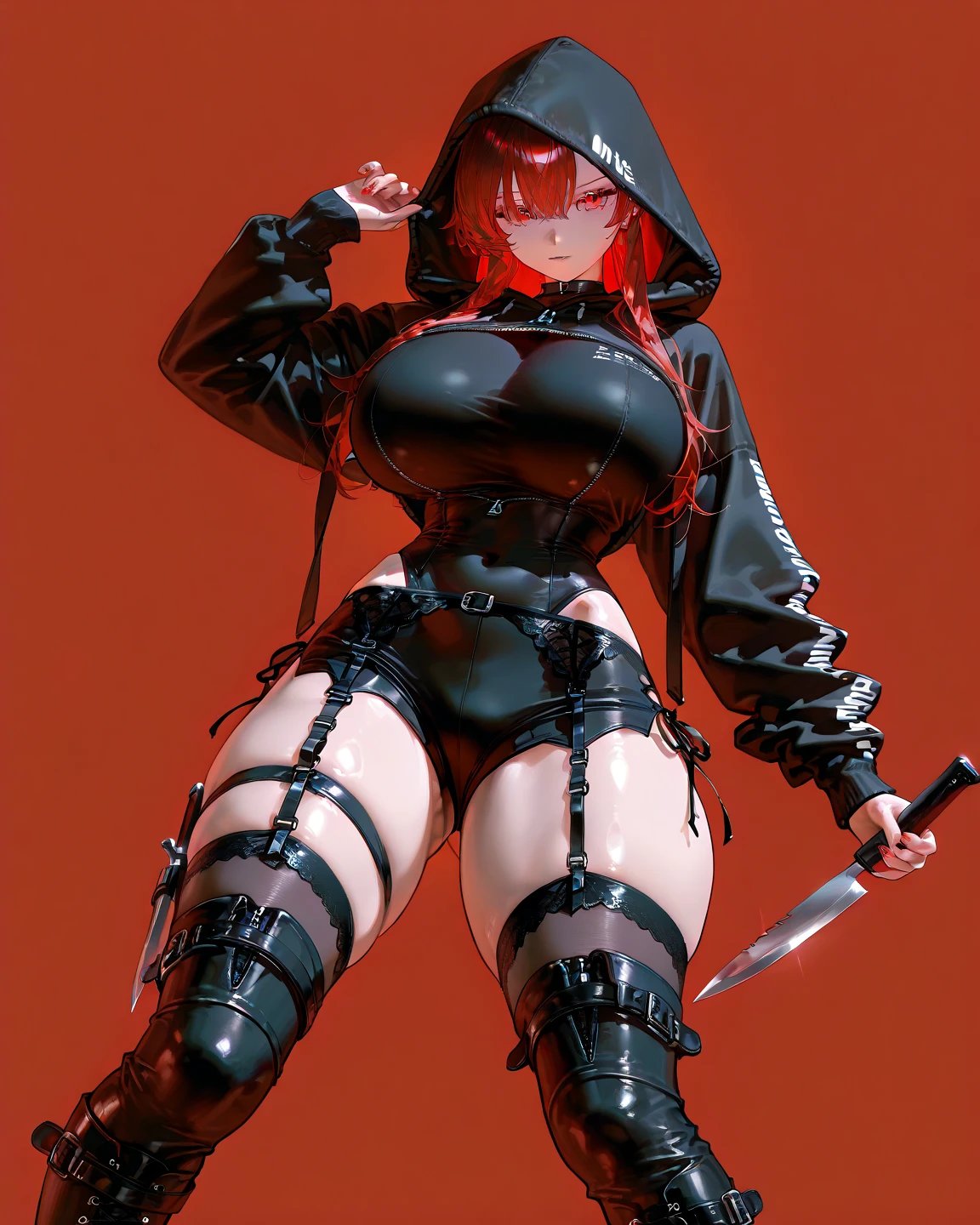 Dsorceress, redhair, shadowy face,dark and eerie torture chamber with whips and racks and chains, fire, hood, shadowed face, no bra, topless, slim and athletic body, bottomless, no panty, elbow gloves, dark skin, 1 girl (insanely detailed, masterpiece, best quality), metal collar with chain leash, arms behind back, whip marks