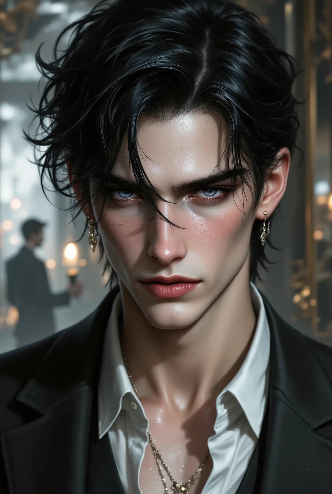 The character has a slender, angular face with refined features similar to the first image. His jawline is defined yet softened by a subtle warmth, giving him an approachable yet striking appearance. His eyes are expressive, carrying a hint of quiet confidence, with a slight upward tilt that adds a touch of mystery. His skin tone is fair with a natural glow, and there’s a gentle flush in his cheeks that gives him a healthy, youthful look. His lips are slightly full, adding a softness to his otherwise sharp facial features.
For his hair, imagine the rich curls from the second image—dark, voluminous, and with a slightly tousled, effortless look. The curls frame his face and give him a more dynamic, free-spirited vibe, adding to the charm of his refined features. The hairstyle contrasts nicely with his angular face, adding both texture and a bit of ruggedness.
For his body, picture a lean, athletic build. He’s toned but not overly muscular—think of someone who is naturally fit with a graceful, balanced physique. His shoulders are broad enough to give him a confident posture, tapering down to a narrow waist, suggesting strength and agility. His form carries a certain elegance as if he’s comfortable in both formal attire and casual, carefree settings.