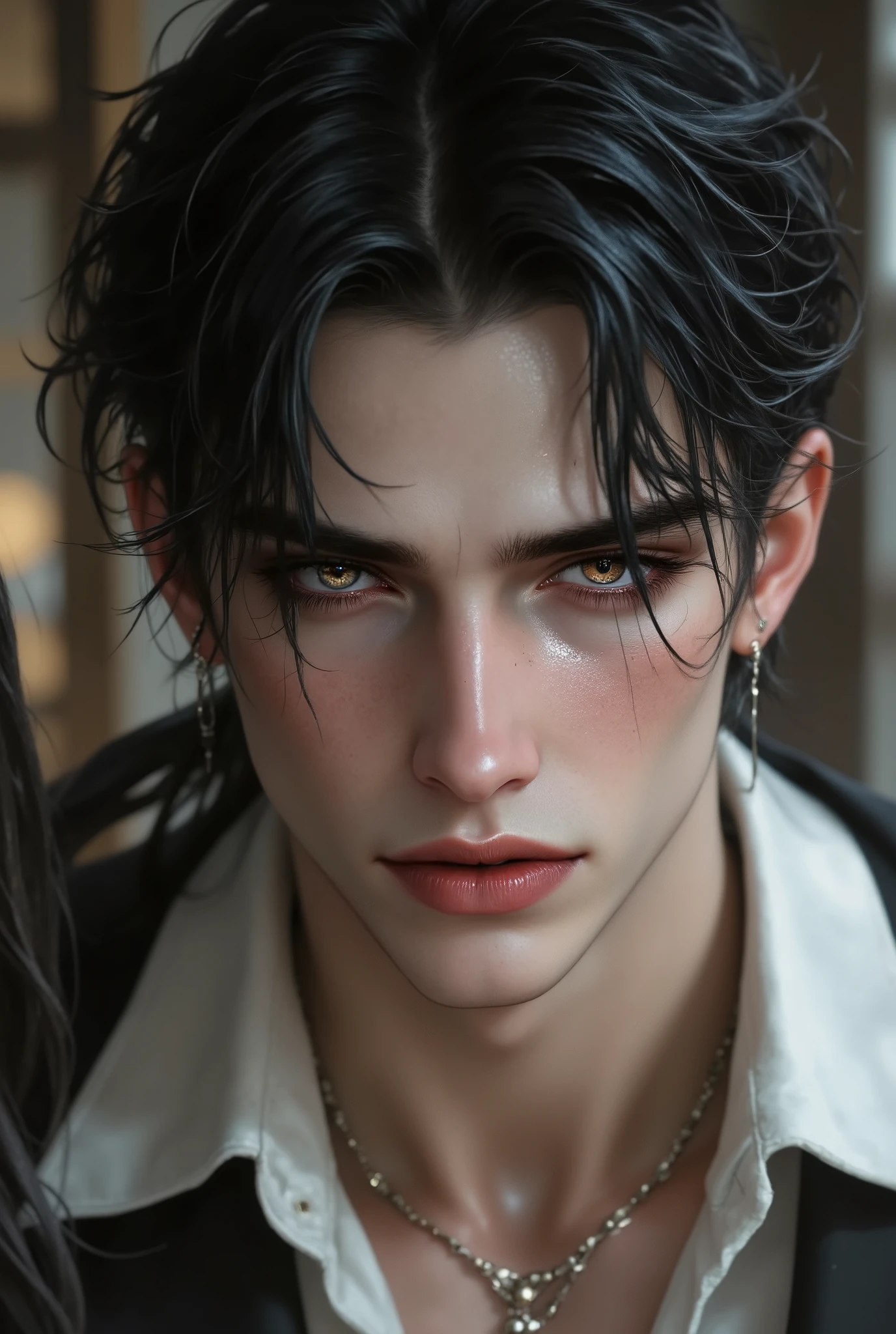 The character has a slender, angular face with refined features similar to the first image. His jawline is defined yet softened by a subtle warmth, giving him an approachable yet striking appearance. His eyes are expressive, carrying a hint of quiet confidence, with a slight upward tilt that adds a touch of mystery. His skin tone is fair with a natural glow, and there’s a gentle flush in his cheeks that gives him a healthy, youthful look. His lips are slightly full, adding a softness to his otherwise sharp facial features.
For his hair, imagine the rich curls from the second image—dark, voluminous, and with a slightly tousled, effortless look. The curls frame his face and give him a more dynamic, free-spirited vibe, adding to the charm of his refined features. The hairstyle contrasts nicely with his angular face, adding both texture and a bit of ruggedness.
For his body, picture a lean, athletic build. He’s toned but not overly muscular—think of someone who is naturally fit with a graceful, balanced physique. His shoulders are broad enough to give him a confident posture, tapering down to a narrow waist, suggesting strength and agility. His form carries a certain elegance as if he’s comfortable in both formal attire and casual, carefree settings.
