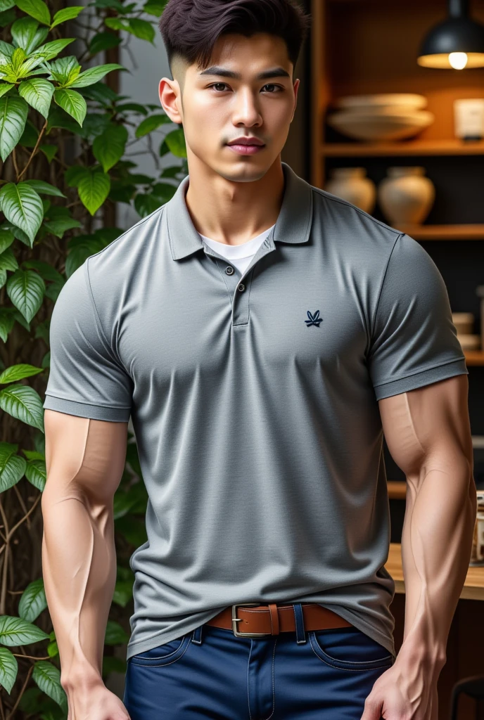 Thai man ,man,He is about 30 years old.,Rough and handsome appearance,Big muscles,large pectoral muscles,polo shirt park,Big waistline,chest hair,sitting on the roadside,Wearing the tongs,buzz cut, angry, sullen, best quality, Masterpiece,(Kitchen Background:1.5),(Have muscles:4.5),(fat:1.5),(gray hair:1.5 ),(gray body hair:1.5),(skin wrinkles:1.5),(shine on the skin:1.5),