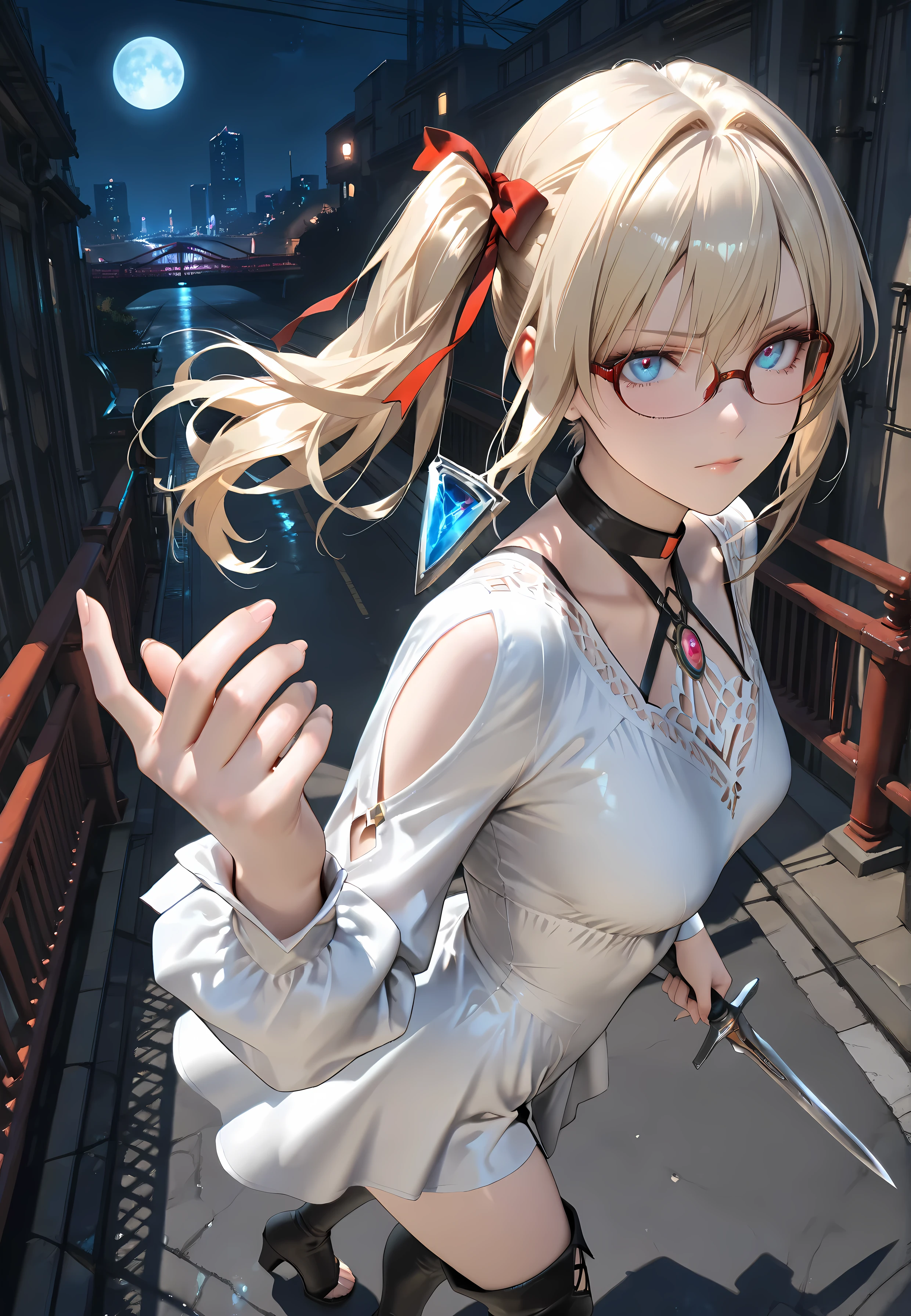 Looks about 20,(beautiful girl: 1.3),Highest quality,8k,Highly detailed CG unit wallpaper,masterpiece:1.2,top-quality,Ultra-high resolution,RAW Photos,real texture skin, photorealistic, Cinema Lighting,Huge buildings,metropolis,Big, round, beautifully shaped butt,),(Perfect hands, Perfect Anatomy), BREAK, (Medium Small breasts), Perfect Face, Symmetrical face, (glossy skin:1.6), beautiful shiny lips, solo, breack, ((Beautifully hand-drawn)), ((light Blonde)), ((white dress, long sleeves, thigh boots, toeless footwear)), ((Swaying side ponytail)), short wavy hair, hair ribbon, ((Blue Eyes)), Glowing_eye, (((eyes open))), closed mouth, (((({red slim glasses})))), BREAK, (Holding a weapon in hand, gripping silver Simple blade knife,), ((from above)), midnight sky, BREAK, bayside, Alley, (((huge red bridge))), fullmoon, black choker, ((eye focus)),