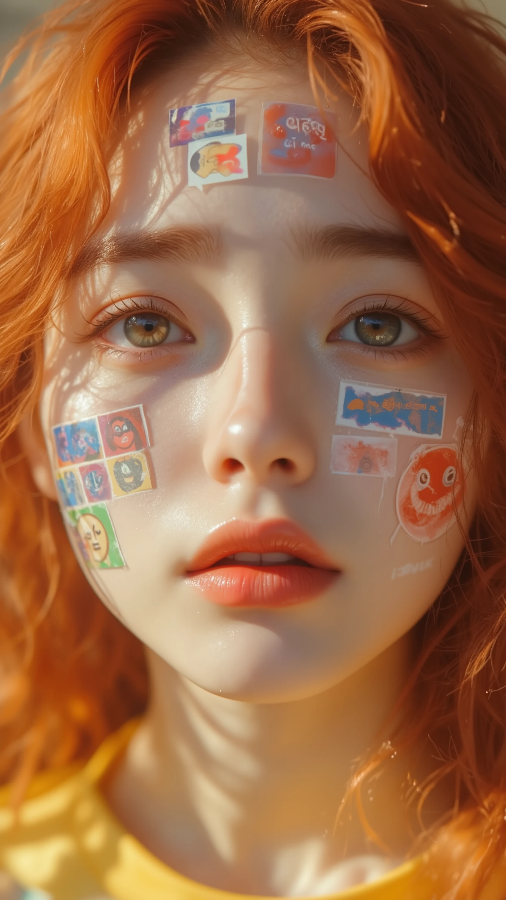 8k, masterpiece, highest quality, Korea's Beautiful Women, Close-up, three-quarter view, long red hair, pale skin, large green eyes, worried expression, stickers, emojis, graphic designs, face, neck, shoulders, yellow shirt, blurred background, colorful stickers, saturated colors.