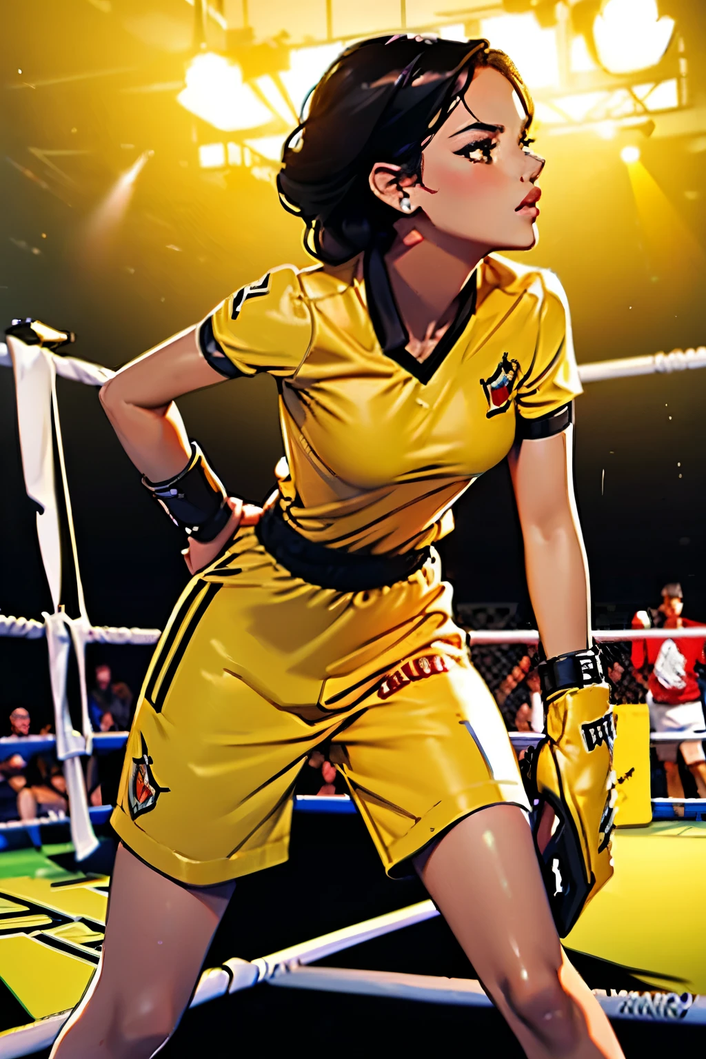 full-length photo . beautiful girl . 20 years . Romanian . Height 173 centimeters . chest size 2 . black hair . brown eyes . Wearing a training uniform . Boxing match against another woman .