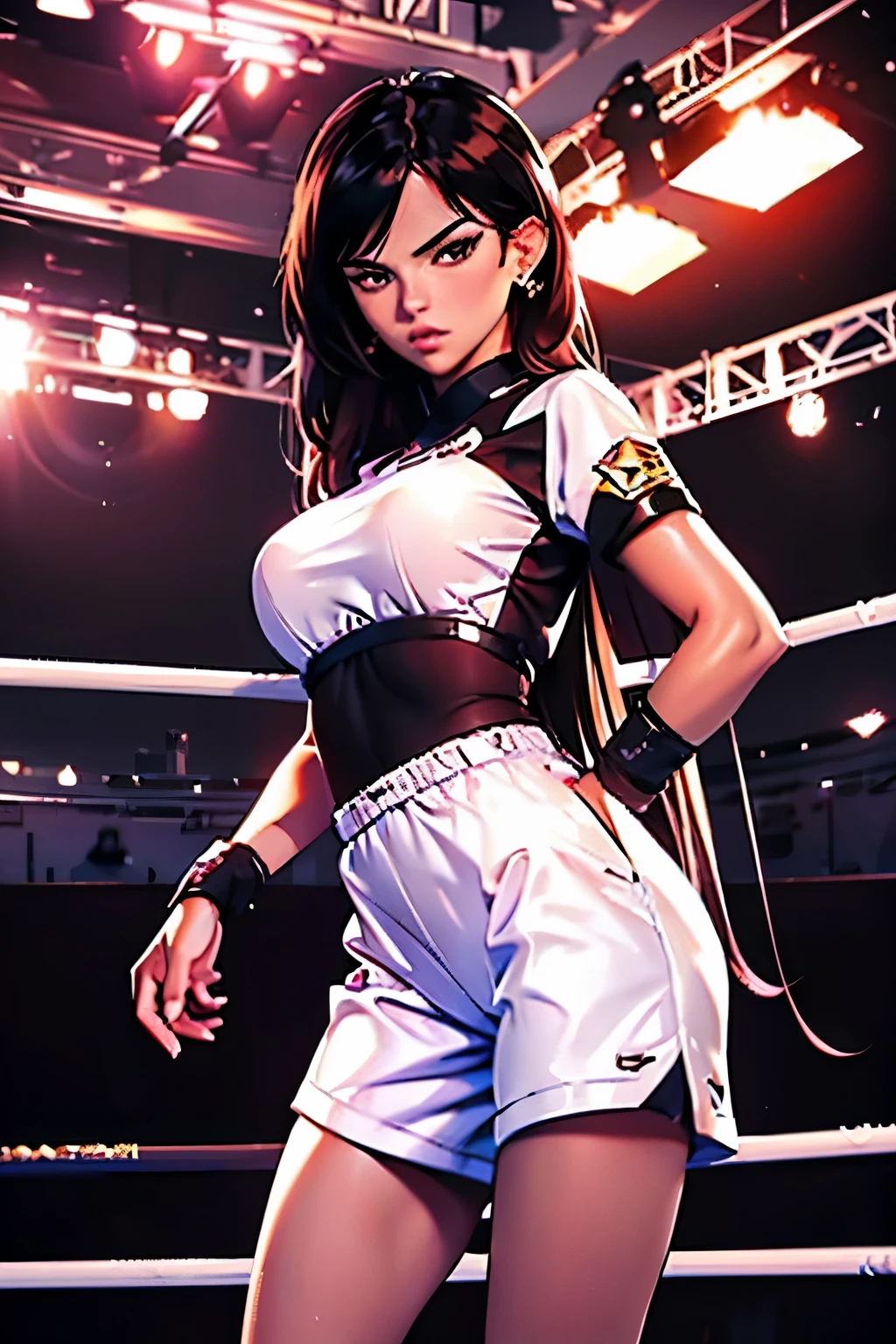 full-length photo . beautiful girl . 20 years . Romanian . Height 173 centimeters . chest size 2 . black hair . brown eyes . Wearing a training uniform . Boxing match against another woman .