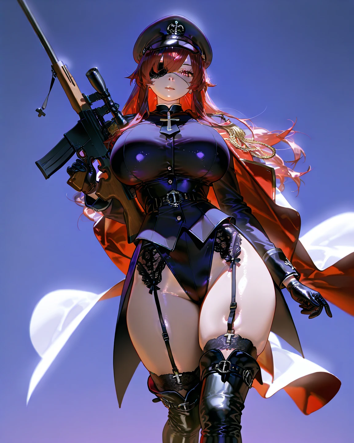Highest quality、Highest quality、Masterpiece、girl((Metal body,Age 25、as soon as、Highest Bust、Medium Bust、Wide open chest、Red glowing eyes、Black Ear、Red Mesh、Disheveled Hair、Loincloth、thin、The best valley、Open chest、Red Cape、hair ornaments、Full body view、gas mask、Black hoodie、Black trousers、Holding a spear knife))、high quality、Beautiful Art、background((fog、cigarette、smoke、Red smoke、military base、Cigarette curtain、Explosive Flame))、flight、Flying Debris、Depth of text、movie、Visual Arts、Perfect Art、8K、Genuine、Special Angles