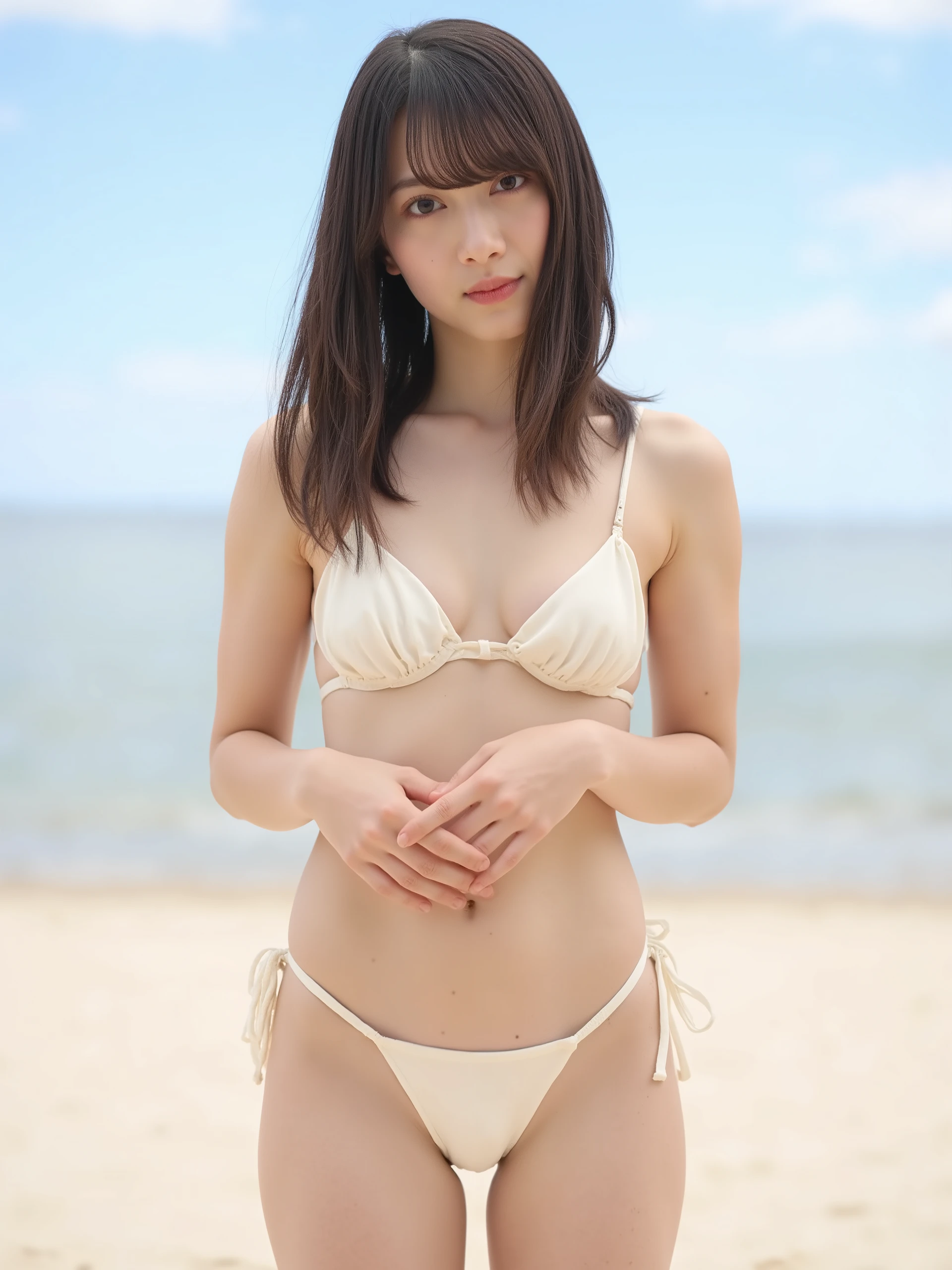 High resolution photo of Japanese actress, (Real, photorealistic: 1.2), (Top quality, masterpiece), RAW photo, Intricate details, Highly detailed, Extremely detailed, Sharp focus, (Full body, front shot: 1.4), Staring at the camera, Alone, Alone girl, Sensual pose, (((Ivory white color sexy micro bikini))), Beautiful breasts, (Has bangs, Dark brown medium hair), (Detailed face, Beautiful detailed eyes, Beautiful dark brown eyes, Refined nose), (Standing on the beach,), Perfect anatomy, Perfect hands, Photo background, Outdoors, Sandy beach, Blue sky and clouds,
