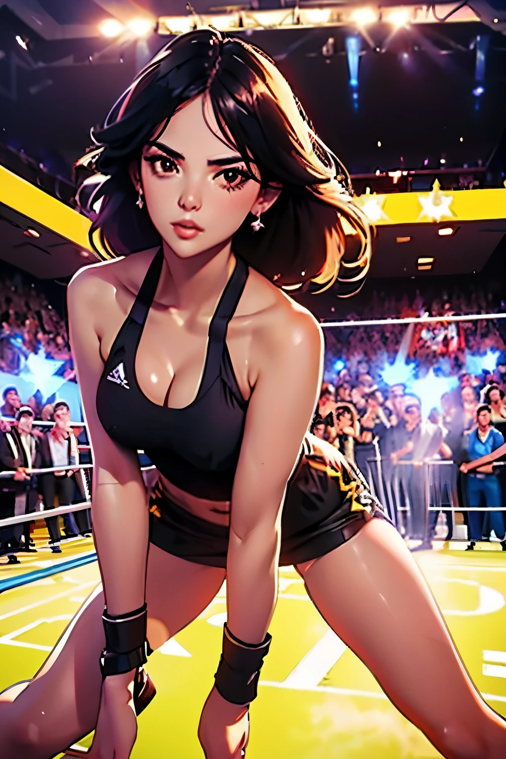 full-length photo . beautiful girl . 20 years . Romanian . Height 173 centimeters . chest size 2 . black hair . brown eyes . Wearing a training uniform . Boxing match against another woman .