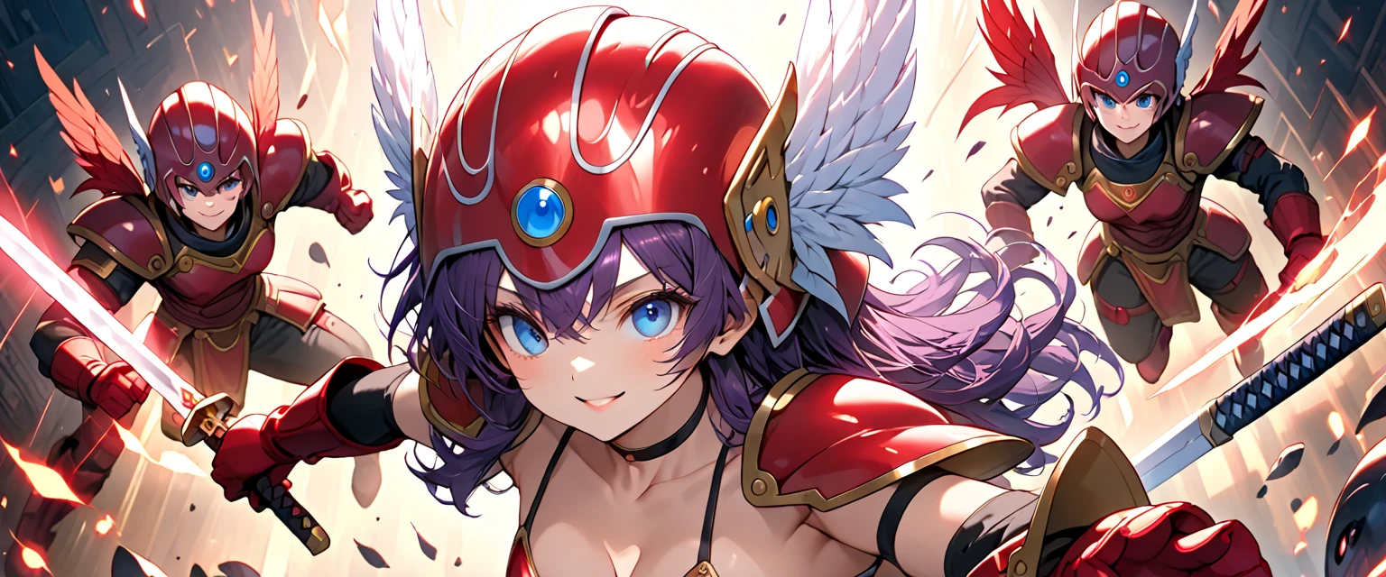 ((Highest quality、masterpiece、anime style、best quality、high resolution、8k、detailed、ultra-detailed:1.3))、Long legs、Sharp focus:1.2, Beautiful woman with perfect figure:1.4、(Smiling:1.2), double eyelid、20-year-old female、super hero pose、((((Close your mouth、One Woman、movement,Dynamism、Bikini armor with blue, red and yellow as the main colors:1.5))))、The background is a futuristic city、long drill hair、Large Breasts, Earrings, Colorful Hair, Afterimage, Symmetrical,