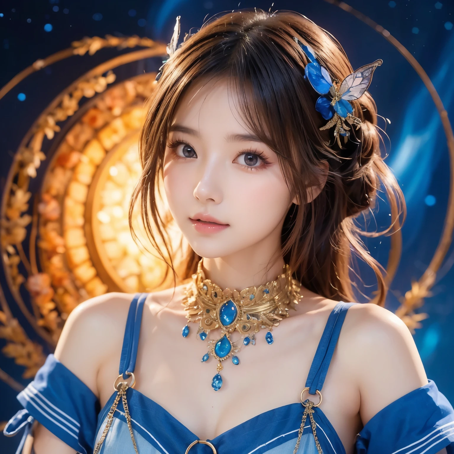 A breathtaking masterpiece! A stunning anime-style wallpaper featuring a serene and enchanting scene. Against a dark blue background, a beautiful face with intricate details and subtle menderita-like makeup gazes directly at the viewer. Chains adorning her neck glint softly under studio lighting, casting a warm glow on her porcelain skin.
In the distance, a majestic nebula swirls in shades of bright orange and blue, its tendrils twisting around an ethereal, watery vortex. The colors are vivid and vibrant, with no compromise on quality - this is an 8K masterpiece after all! Physically-based rendering and sharp focus ensure that every detail is meticulously rendered, from the delicate eyelashes to the intricate textures of her clothing.
The overall composition exudes a sense of calmness and wonder, inviting the viewer to step into this fantastical realm. With anime-style flair and SIMPLEPOSITIVEXLV2 quality, this digital artwork embodies the perfect blend of beauty, magic, and awe.