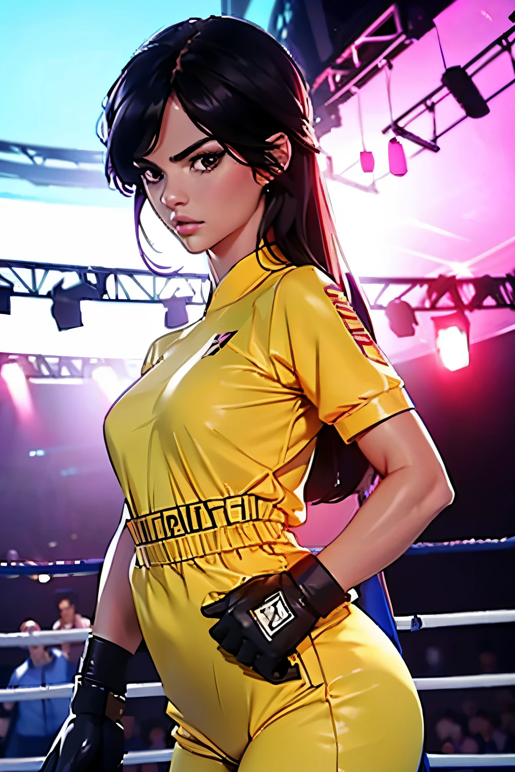 full-length photo . beautiful girl . 20 years . Romanian . Height 173 centimeters . chest size 2 . black hair . brown eyes . Wearing a training uniform . Boxing match against another woman .