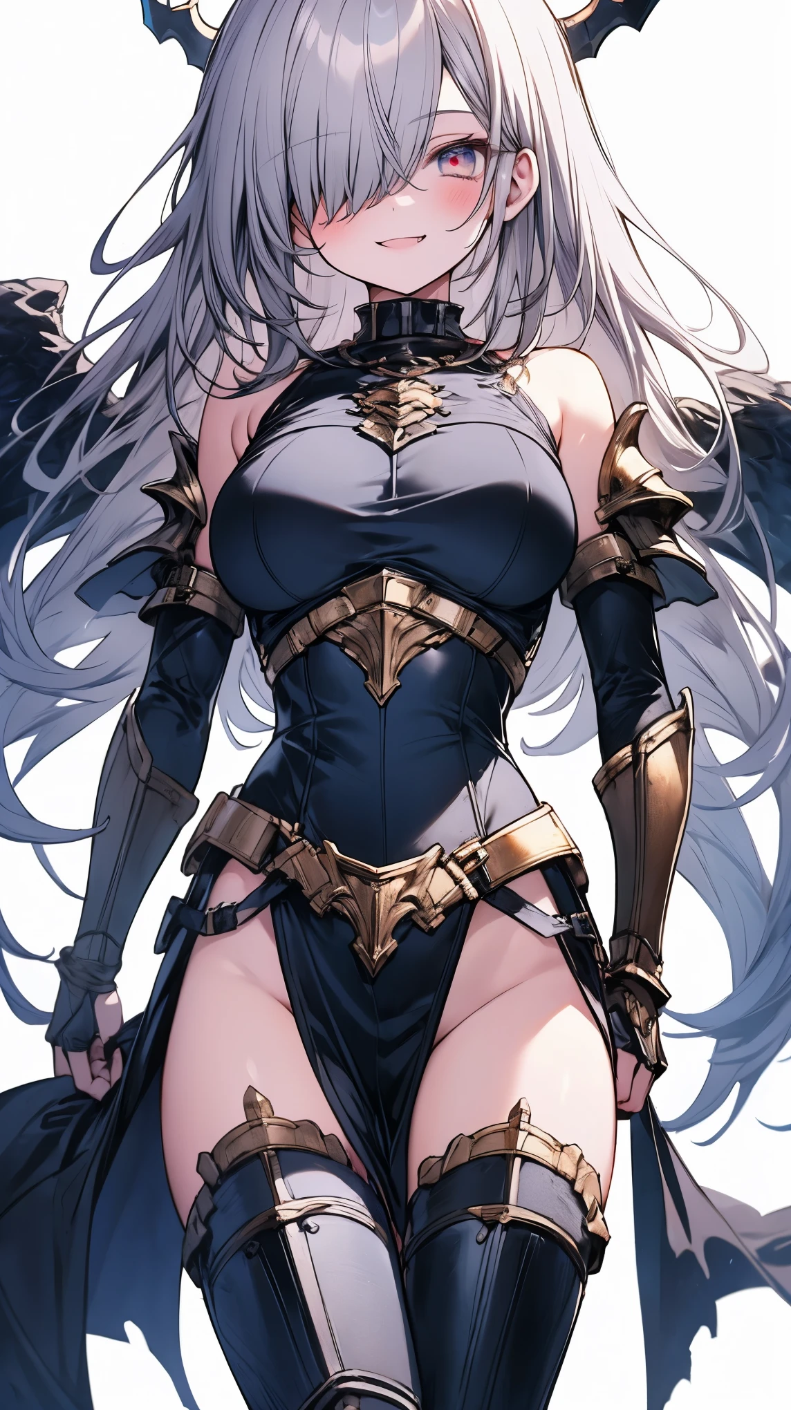 masterpiece, best quality, CG, wallpaper, HDR, high quality, high-definition, extremely detailed, drow, colored skin, dark elf, blue skin, grey skin, pointy ears, cape, armor, looking at viewer, 1girl on bed masturbate, dimmed light, brown eyes, long hair, chibi, red cheeks, sweat 😓 (happy smile closed mouth)