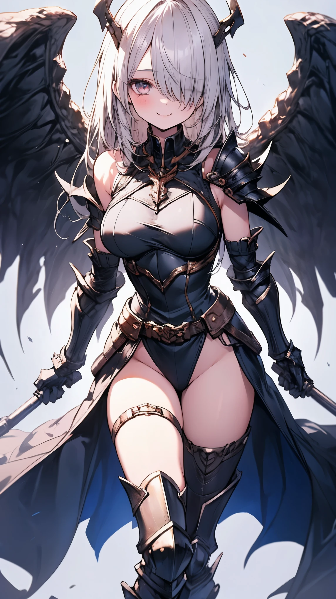 woman with a detailed face,big breasts, dressed in a armor detailed , full body, detailed eyes, long eyelashes, shining, background is war, crown on her head, dark colors, wings,