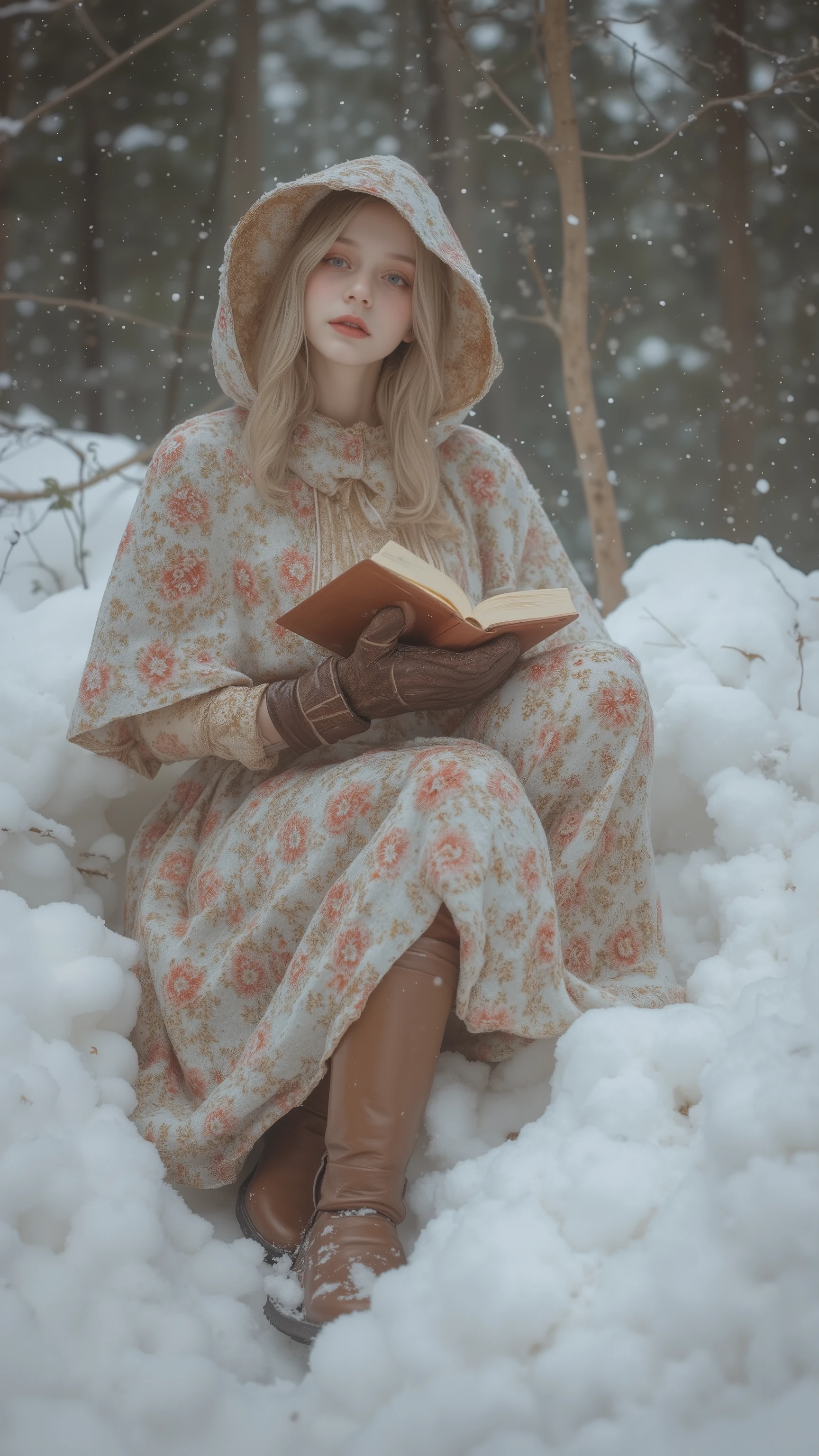 8k, masterpiece, highest quality, Surrealism, Winter scene, floral prairie dress, hooded cloak, sitting in snow, reading a book, brown leather boots, cozy mittens, snowy forest background, vintage aesthetic, soft muted colors, dreamy atmosphere, delicate snowflakes,