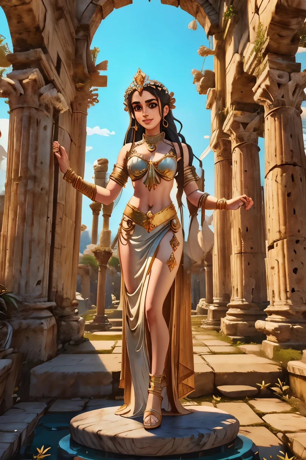a woman with is standing on a stone platform, ancient roman princess, a beautiful fantasy empress, girl in roman ruins, anime goddess, detailed render by unreal engine 5, quality by unreal engine 5, the goddess artemis smiling, latin goddess venus, dramatic render by unreal engine 5