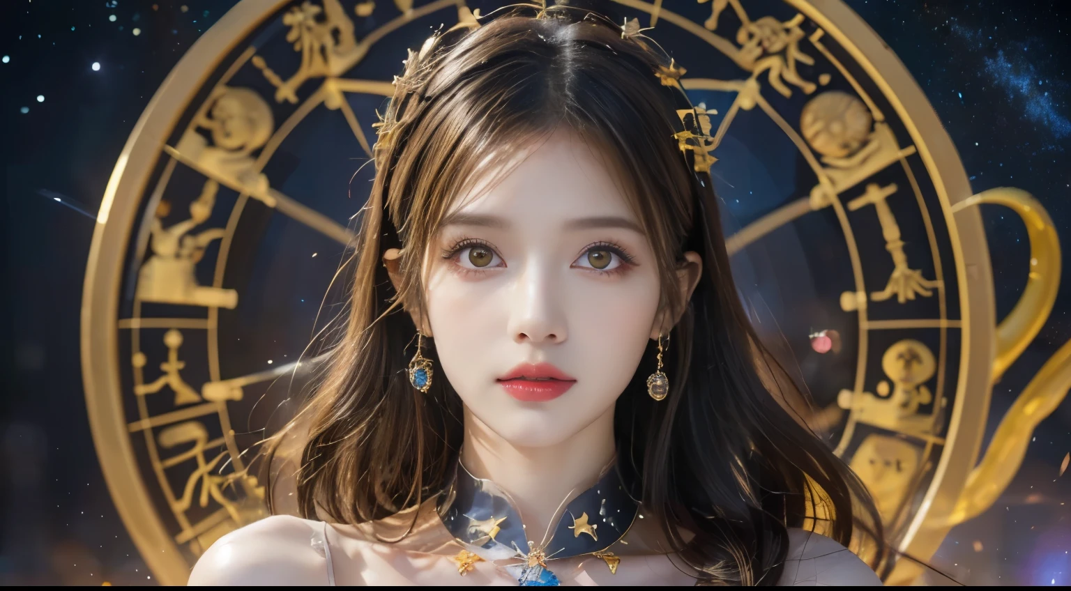 1 27-year-old girl, 1 goddess of the zodiac from the future, goddess of the pink and purple 12 zodiacs, the goddess of the zodiac in a yellow ao dai, A 12 Zodiac to Dai with many details of black lace, mythology Goddess of the 12 zodiacs from the future, zodiac ♏, luxurious glittering zodiac style, dark and mysterious version, zodiac crown, red lips lipstick, Thin and beautiful lips, Don't smile,  Keep your mouth shut , Characters created by Karol Bak and Pino Daeni,  intricate details , Detailed Background,  extremely detailed , light magic,  A woman, light face, Look at the face of the goddess Zodiac Look at the face of the goddess of the zodiac,  moderately large breasts,  round breasts,  large round breasts , long hair with bangs, beautiful face in detail and well-proportioned eyes, (transparent yellow eyes: 1.8), large round eyes and very beautiful and detailed makeup, foresight, silk dress, mysterious makeup, bracelets, double bangs and light blonde dyed,  upper body , (Top of the goddess of the zodiac: 1.9), arms hanging loosely, Realistic and vivid photo, (stars make up the zodiac: 1.7), (heaven background, Zodiac and Fictional Portal of Space and Time: 1.8), fiction art, RAW photo, hanfu image, best photo, High_nothing, best quality, best photo quality,  8k quality,  8K Ultra |, super realistic, real photo most economical, Artistic portrait of the goddess Zodiac, 1 symbol of 12 zodiac signs on the back, Unique portrait of 1 goddess of the zodiac, O esquema de conothing mais realista, best photo color, master part,  Hair Ornament, collar, jewelries, beautiful face, about the body, tyndall effect,  realistic photo , Dark Studio, Rim lighting, dual-tone lighting, ( Highly detailed leather:1.2), 8K UHD, dslr, soft lighting,  High quality, Volumetric lighting, candid, photograph, very high nothingolução, 4K,  8k quality, bokeh, smooth and sharp, Increase pixel by 10x, Enchanting goddess of the zodiac, Sexy Goddess of zo