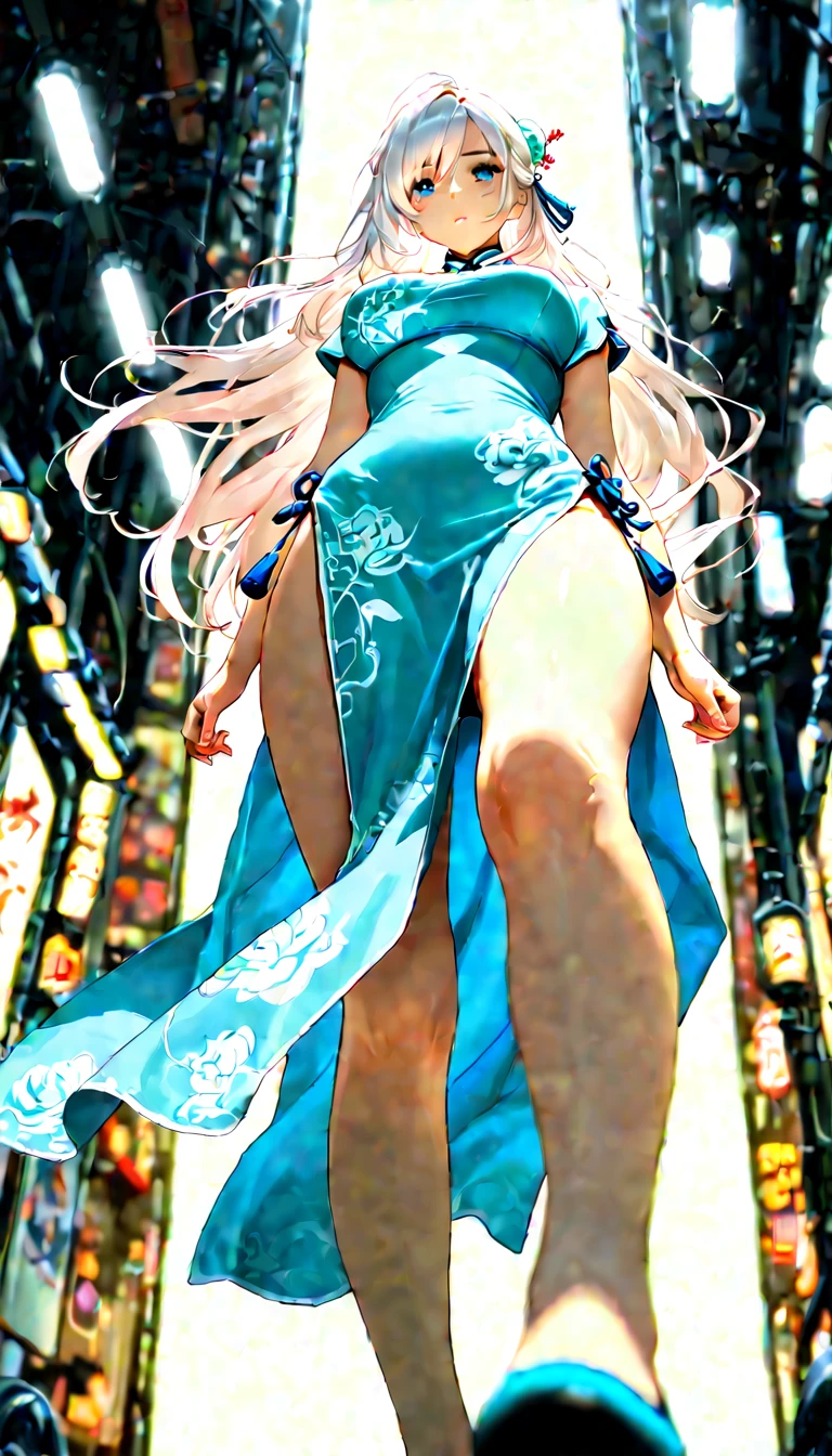 1girl, bare shoulders, blonde hair, blush, breasts, circlet, cleavage, closed mouth, dress, green eyes, head wreath, huge breasts, laurel crown, long hair, looking at viewer, o-ring, o-ring top, pointy ears, simple background, solo, full body, white background, white dress,celestine lucullus,realisic,(shiny skin),(masterpiece:1.4),(best quality:1.4)