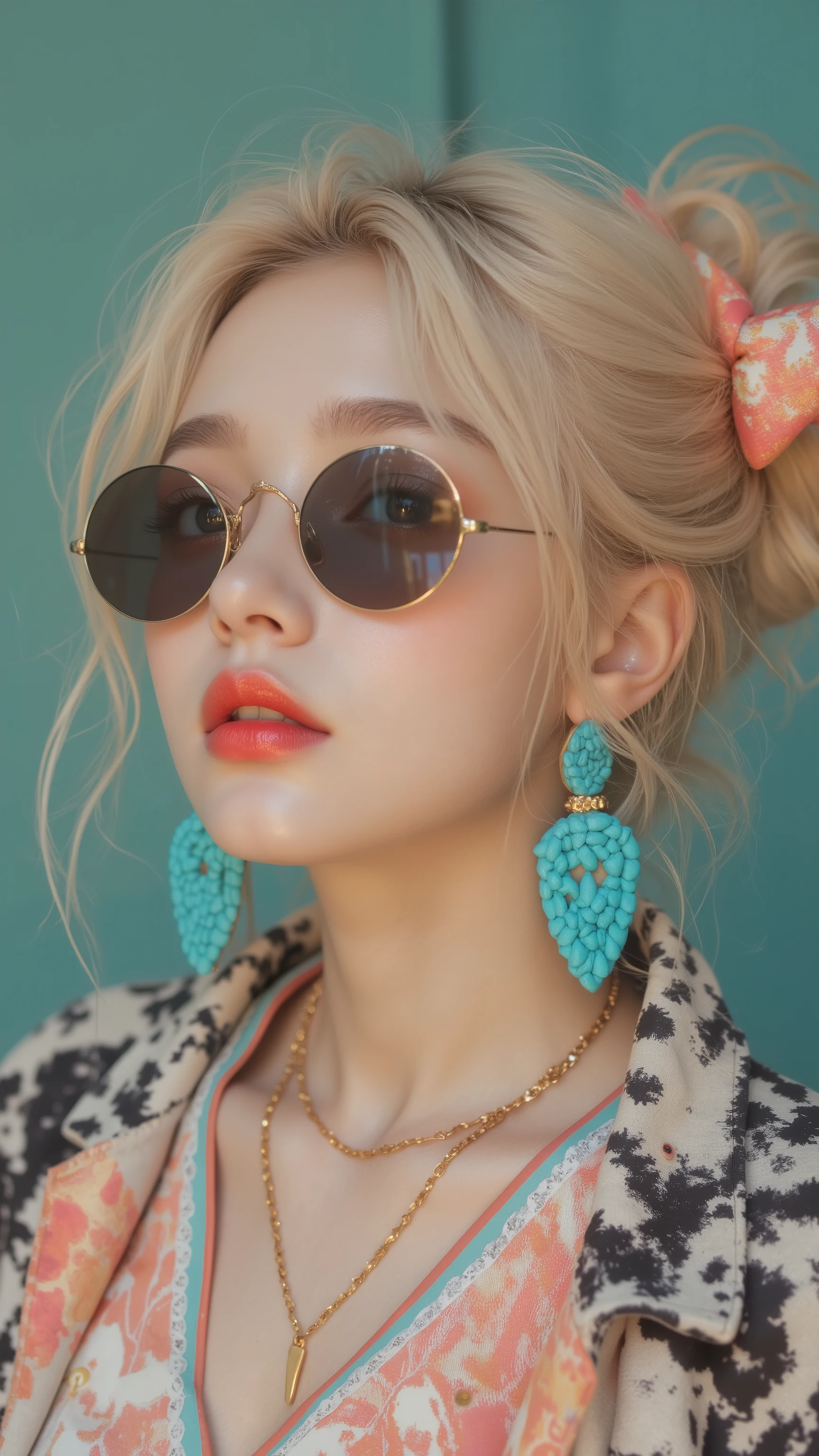8k, masterpiece, highest quality, Korea's Beautiful Women, Close-up, blonde, buns, silk, bow, black-white, patterned, round, sunglasses, coral-pink, red, lipstick, necklaces, turquoise, gold, earrings, striped, jacket, teal, wall.