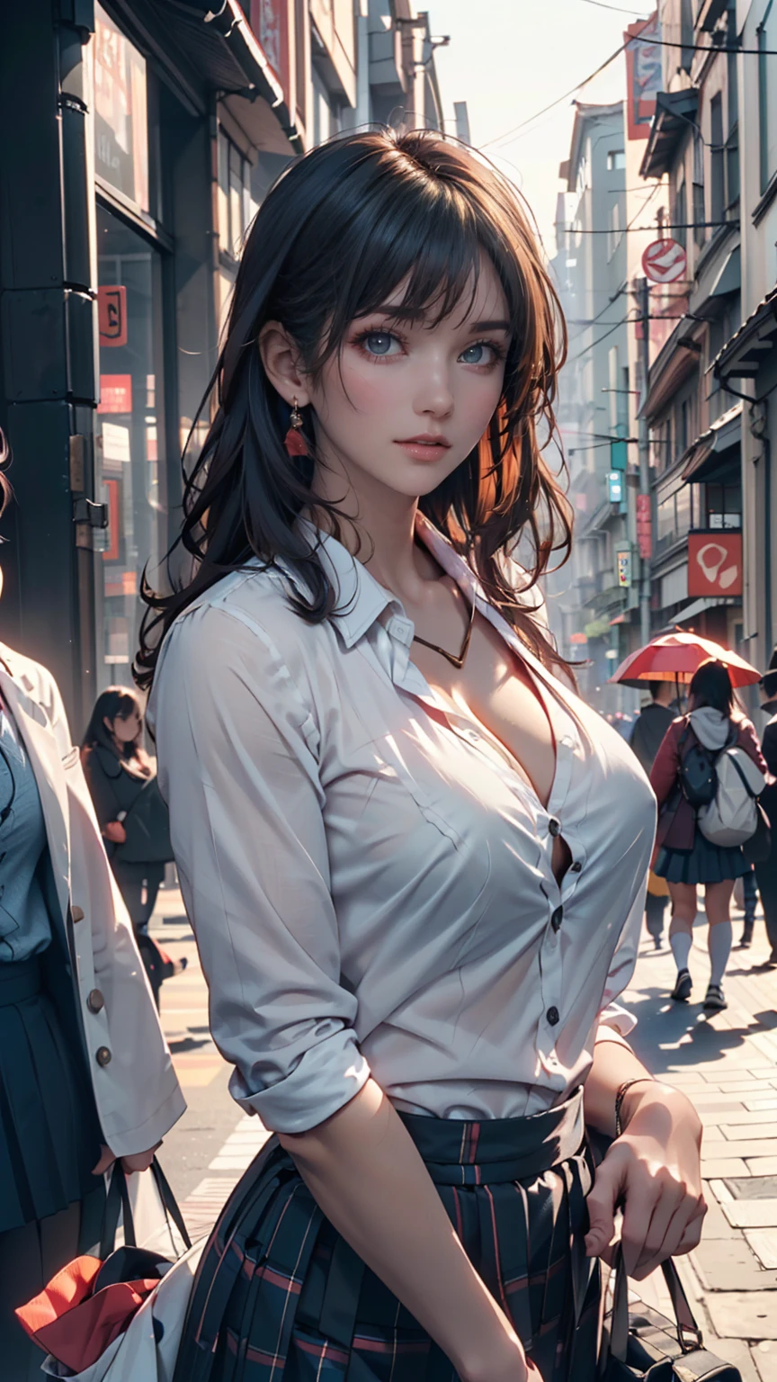 (((Practical photography))),, portrait, (naughty face:1.3),, beautiful girl, Looking at the audience, , (Uniforms:1.2), Button up your shirt and pants, , (Full cleavage:1),, in japanese street, (environment details:1.3),, (original photo, CG Unity, photography, ultra Practical details, Clear focus, Delicate skin,4K, High resolution, masterpiece, best quality, Practical, Energetic:1.2),, (8k,4K, Ultra HD, high resolution, professional, Movie, Movie, dramatic),, (Anamorphic depth of field blurred background), Detailed background,