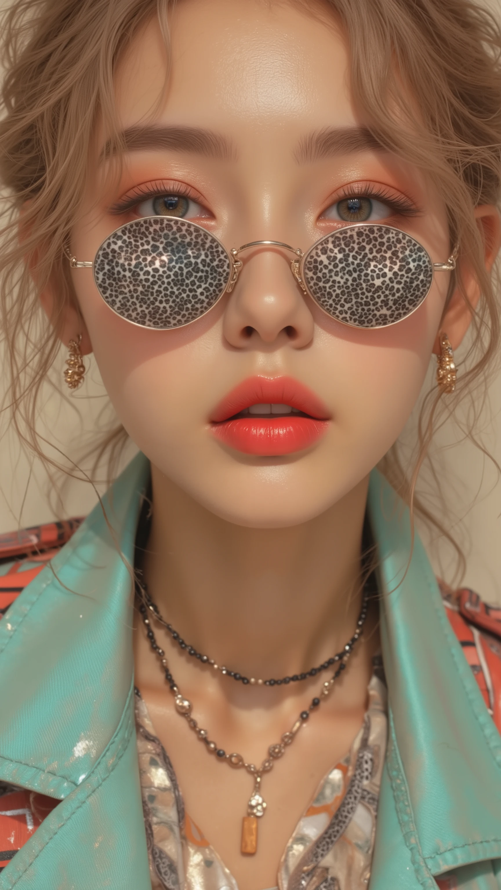 8k, masterpiece, highest quality, Korea's Beautiful Women, Close-up, blonde, buns, silk, bow, black-white, patterned, round, sunglasses, coral-pink, red, lipstick, necklaces, turquoise, gold, earrings, striped, jacket, teal, wall.