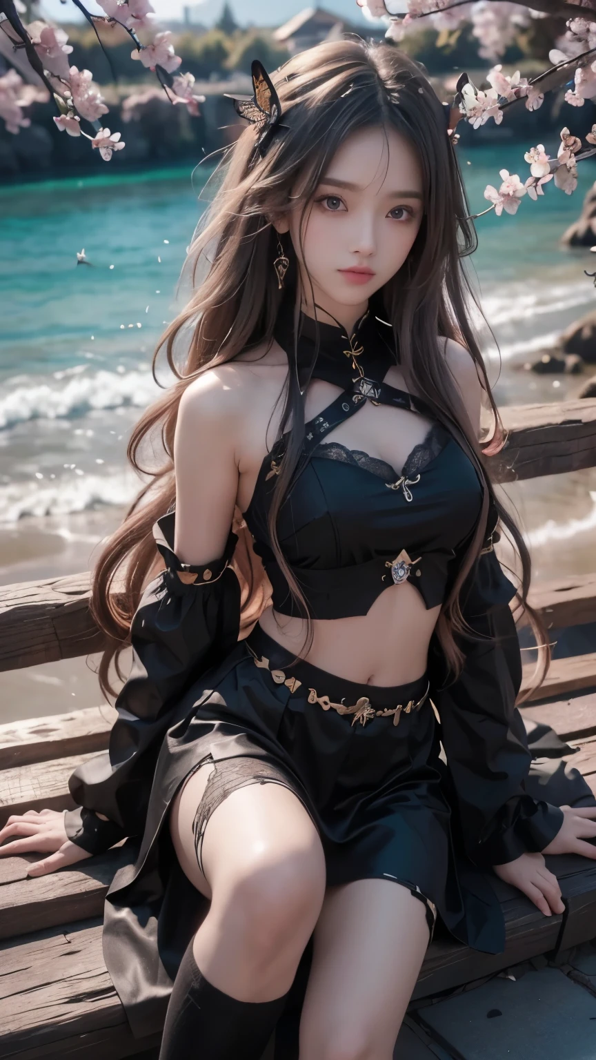 8K, ultra hd, masterpiece, 1 girl, perfect face, close legs, very long curly hair, detailed eyes, simple clothing, gradient black clothing, stocking, lace, sardine, bare waist, jwellery, waterside, Realistic scenery, epic scenery, sun rising, evening, clouds, Butterfly, cherry blossom, blowing wind,