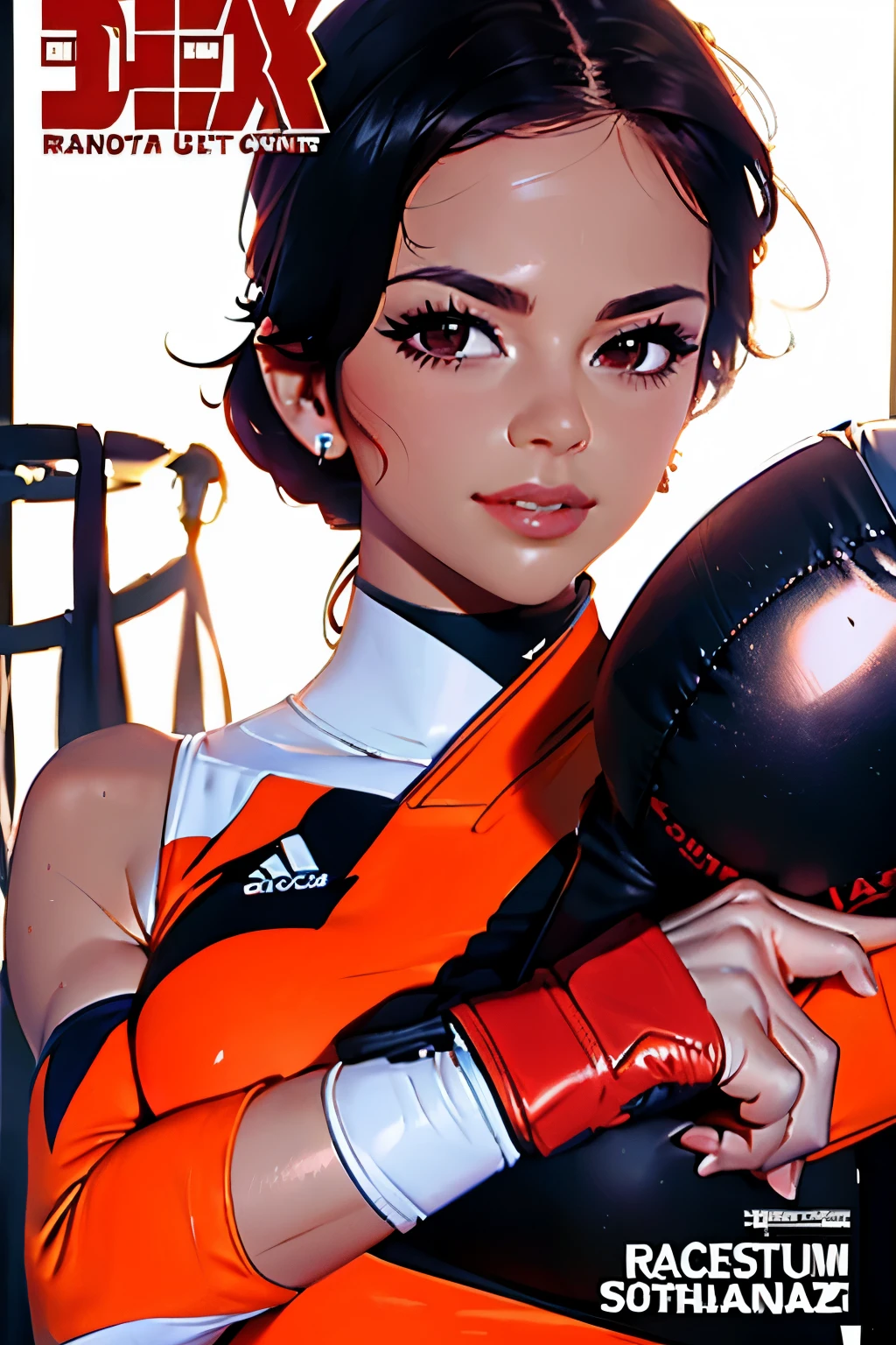Full-length sports magazine cover photo .  Beautiful woman . 28 years old . Romanian  .  Height 173 centimeters .  chest size 4  .  black hair .  brown eyes . Wearing a training uniform . is training. He is engaged in boxing . she smiles .
