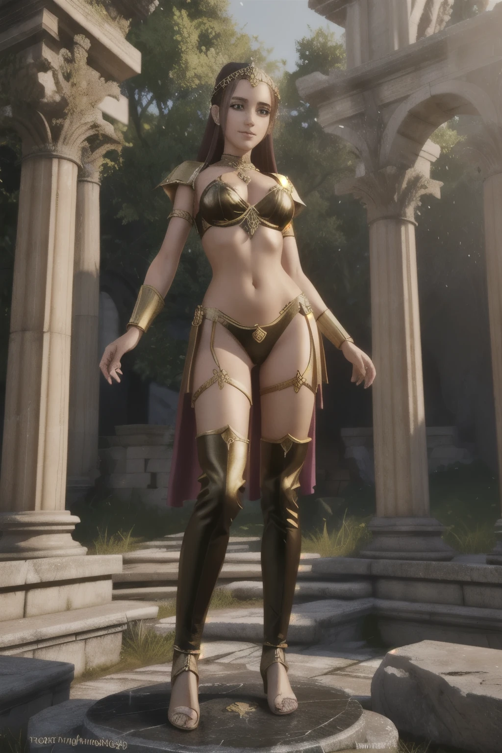 a woman with is standing on a stone platform, ancient roman princess, a beautiful fantasy empress, girl in roman ruins, anime goddess, detailed render by unreal engine 5, quality by unreal engine 5, the goddess artemis smiling, latin goddess venus, dramatic render by unreal engine 5