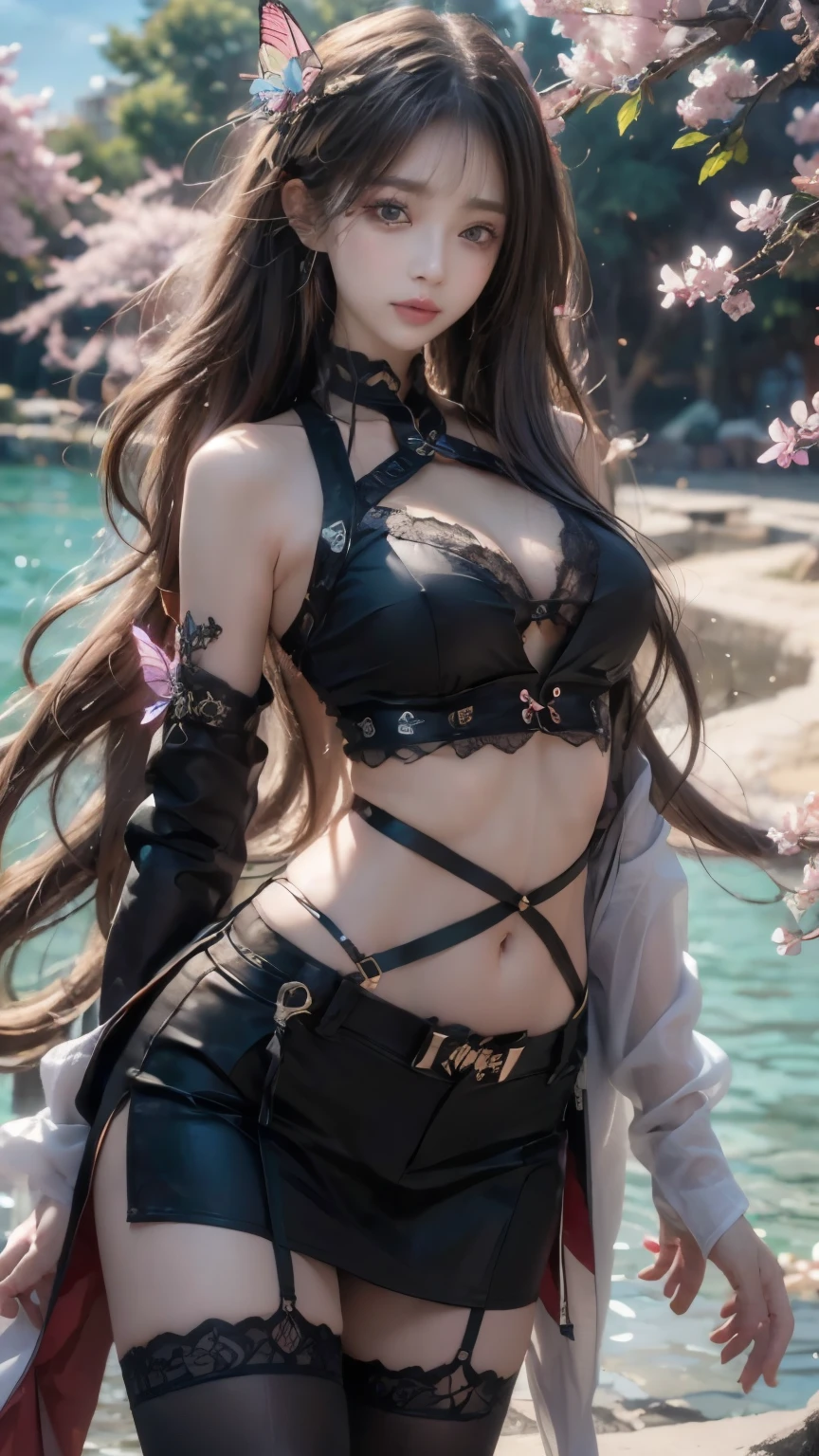 8K, ultra hd, masterpiece, hd colors, 1 girl, perfect face, very long curly hair, detailed eyes, simple clothing, gradient black clothing, stocking, lace, sardine, bare waist, jwellery, waterside, Realistic scenery, epic scenery, sun rising, evening, clouds, Butterfly, cherry blossom, blowing wind, perfect pose,