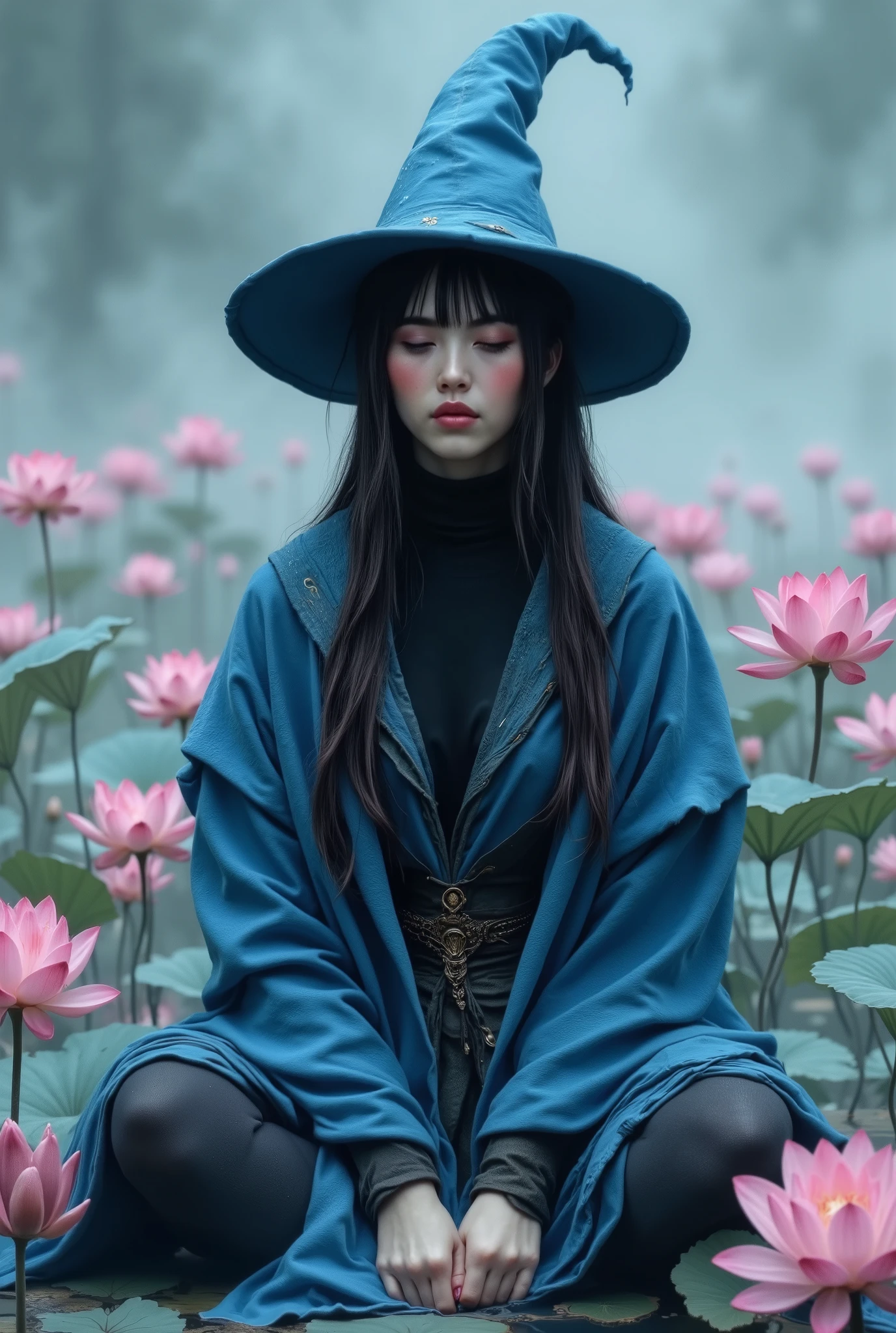 (photorealism:1.2), A premium high-resolution photograph showcasing a graceful witch girl in a lotus pose. wearing deep azure blue robe and wizard hat, with black turttleneck inside robe. sitting middle biggest lake. surrounded by pale pink lotus flowers that seem to float in a dreamy mist. The colors are soft and ethereal, with an emphasis on pale pinks, whites, and pastels. The lighting is soft and diffused, creating a sense of peace and tranquility. The photograph has a mysterious and enigmatic mood and feeling, focusing on inner peace and serenity. The witch girl's face shows tranquility, and her eyes are closed, reflecting inner calmness. The photograph should be rich in detail, with exquisite lotus petals, mist, and lighting, highlighting composition with the woman placed in the center of the image, creating balance and a relaxing, peaceful feeling for the viewer." long black straight bangs hair, her hair is wavy in the wind
